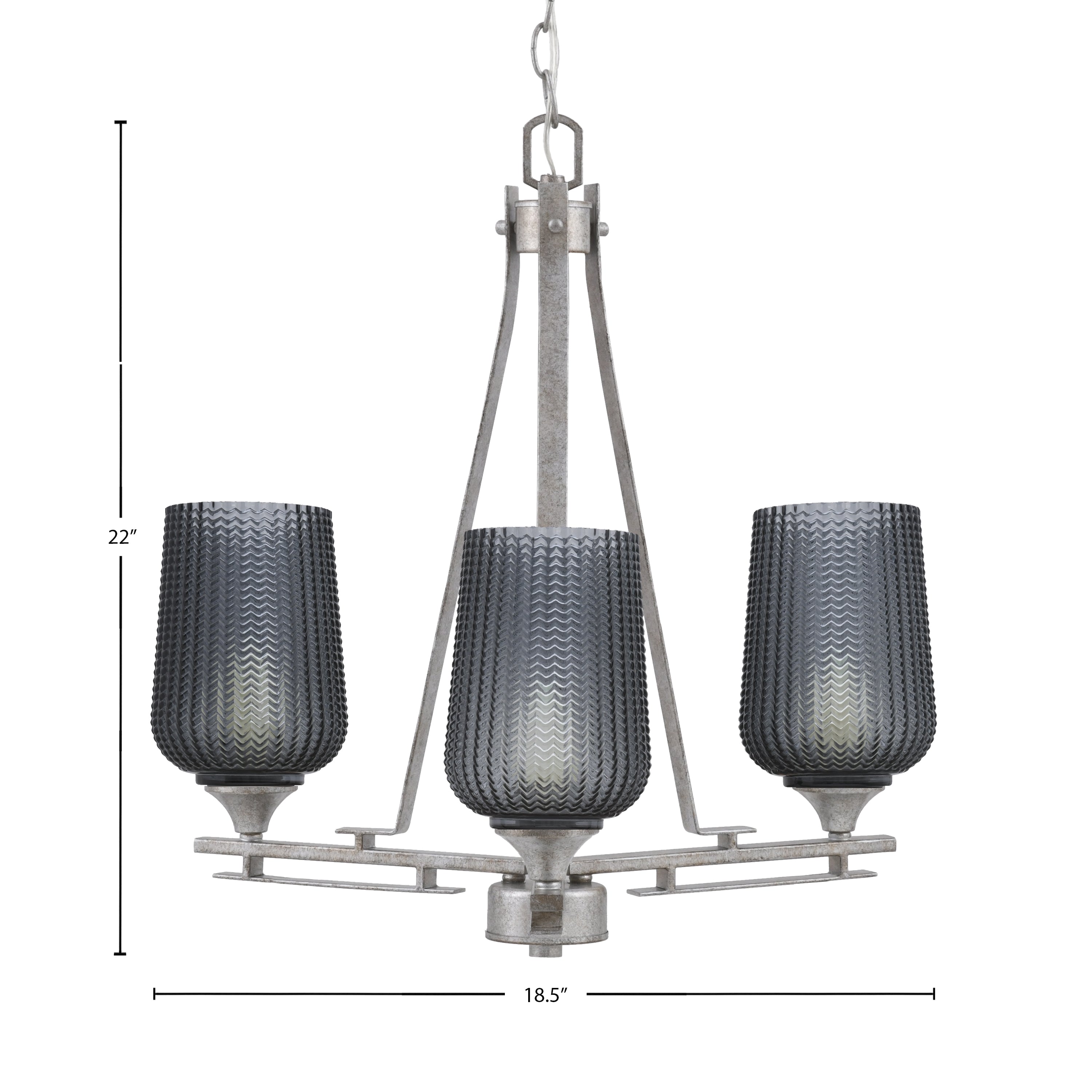Uptowne Three Light Chandelier in Aged Silver with 5" Smoke Textured Shade