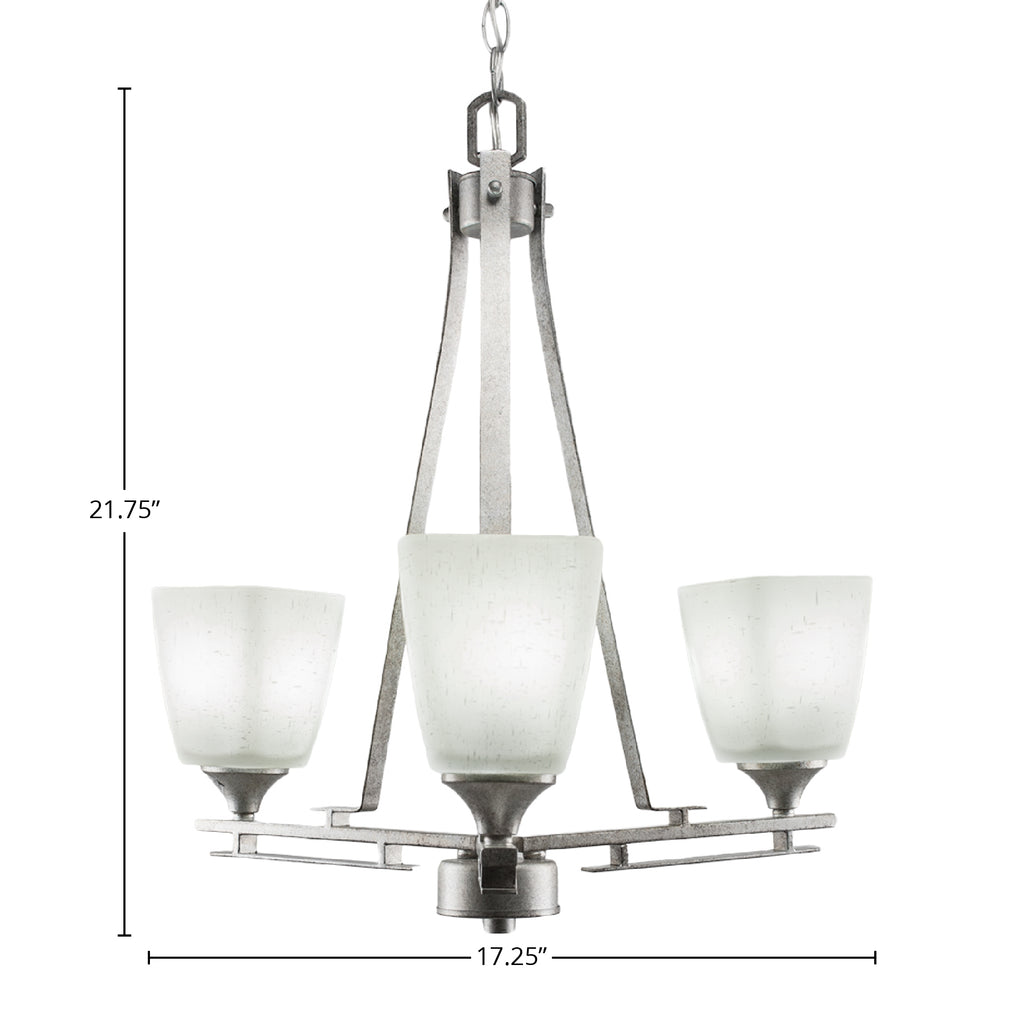 Uptowne Three Light Chandelier in Aged Silver with 4.5" Square White Muslin Shade