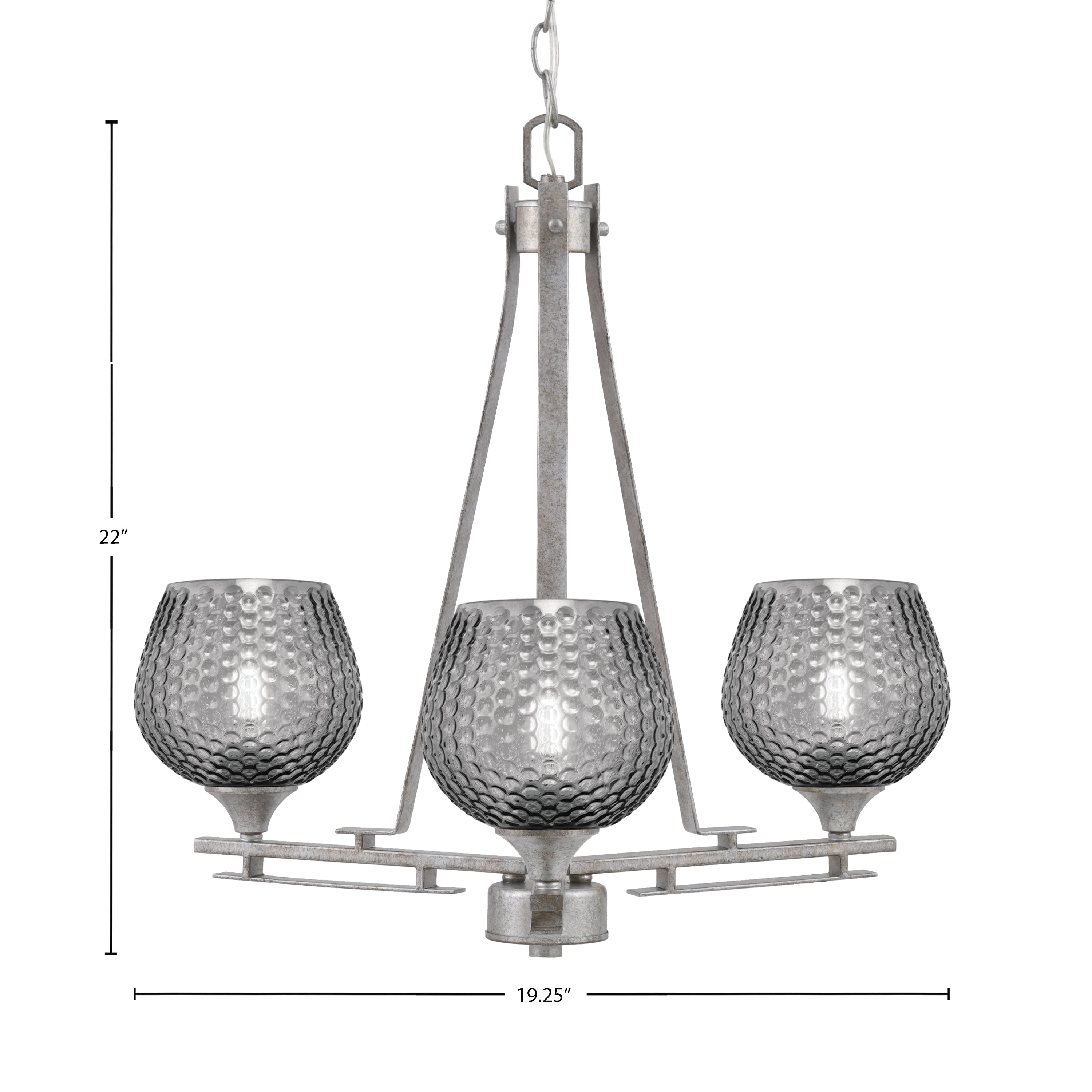 Uptowne Three Light Chandelier in Aged Silver with 6" Smoke Textured Shade