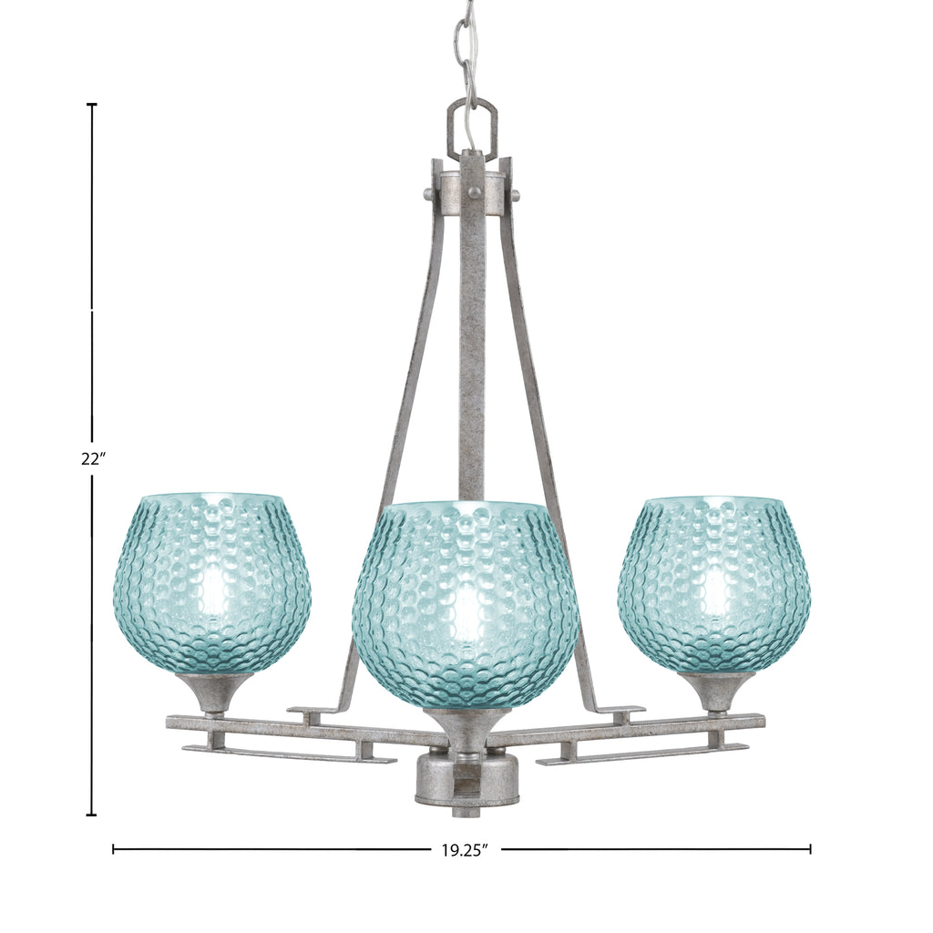 Uptowne Three Light Chandelier in Aged Silver with 6" Turquoise Textured Shade