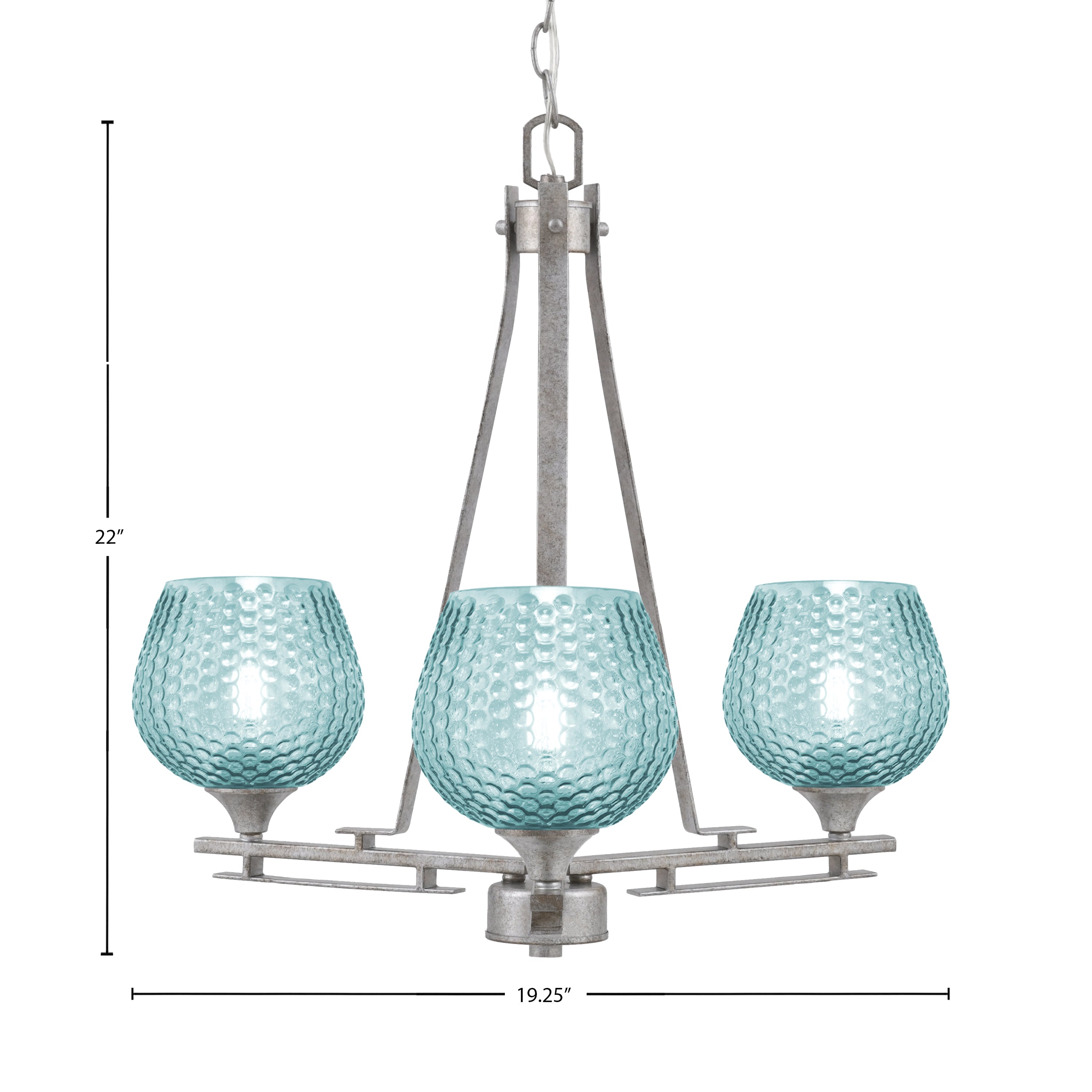 Uptowne Three Light Chandelier in Aged Silver with 6" Turquoise Textured Shade