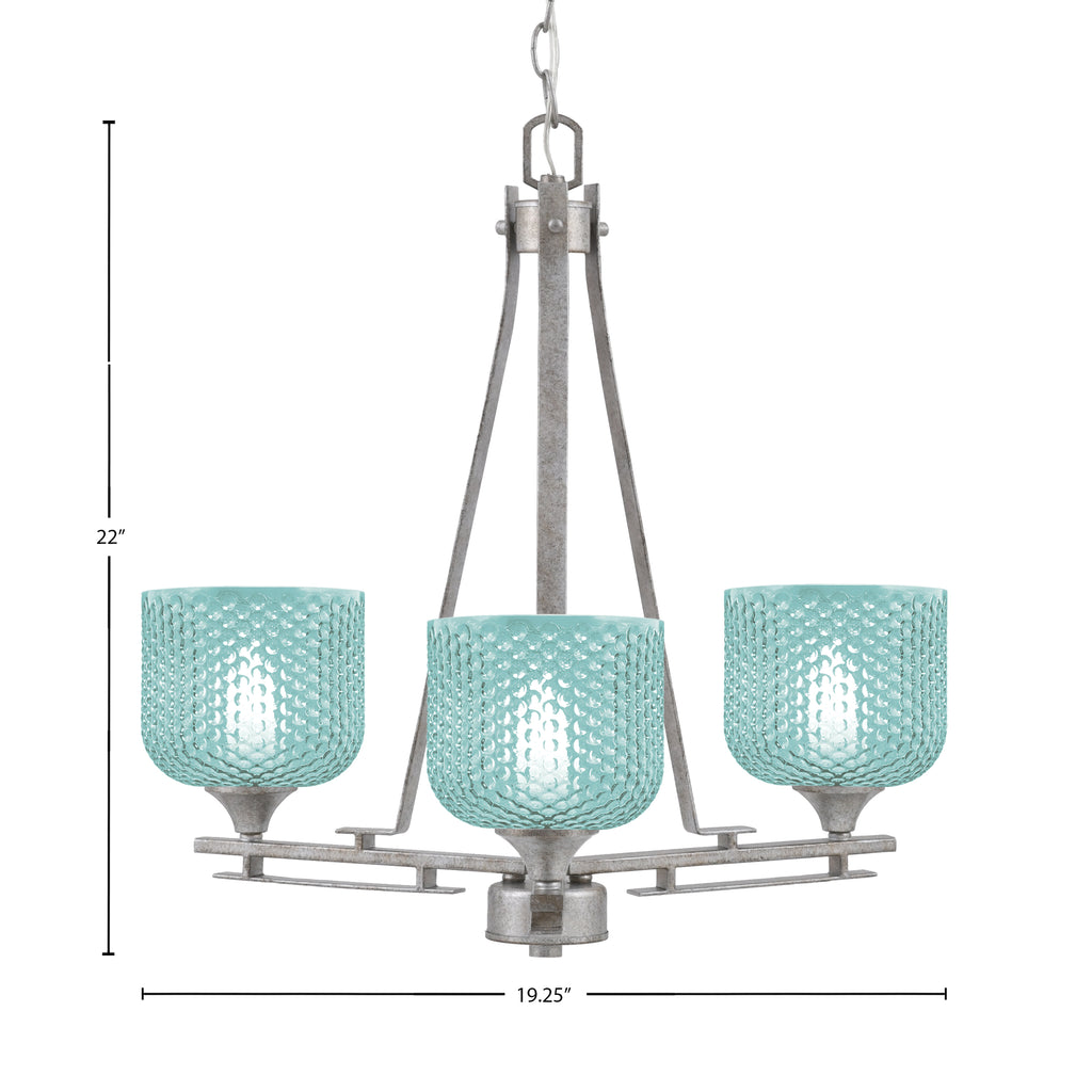 Uptowne Three Light Chandelier in Aged Silver with 6" Turquoise Textured Shade