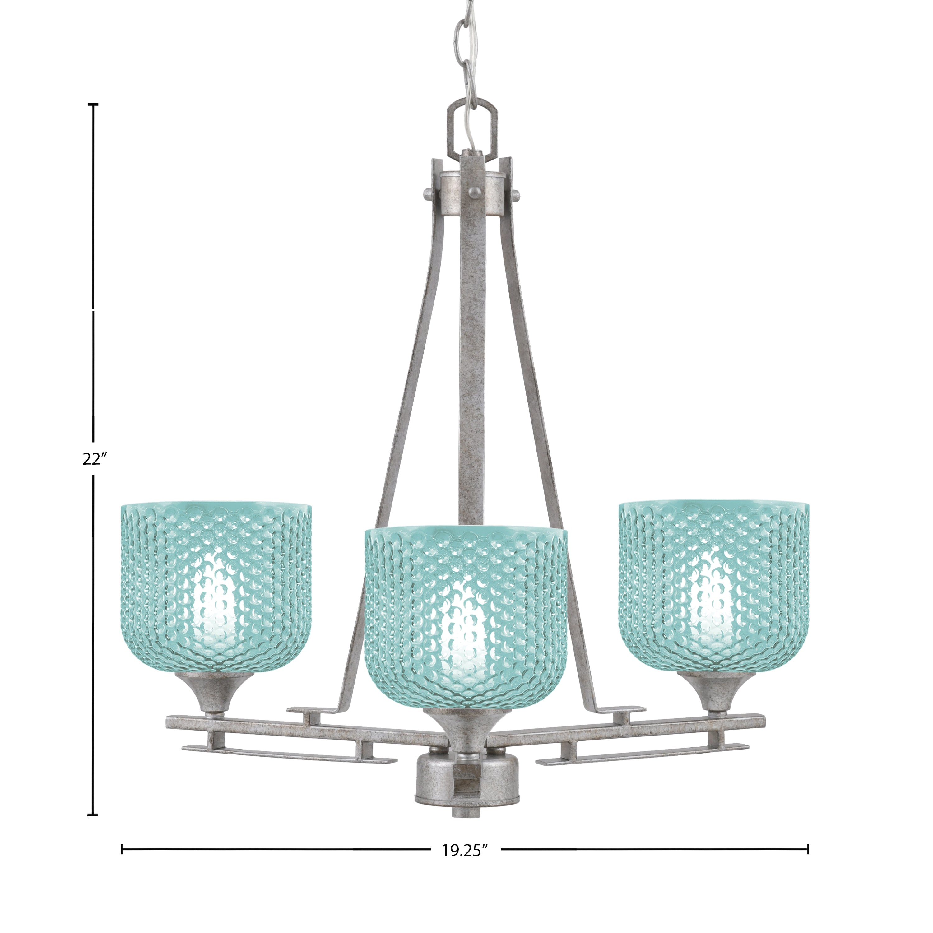 Uptowne Three Light Chandelier in Aged Silver with 6" Turquoise Textured Shade