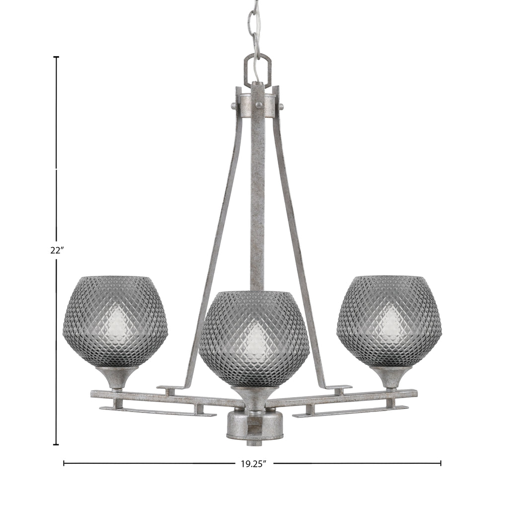Uptowne Three Light Chandelier in Aged Silver with 6" Smoke Textured Shade
