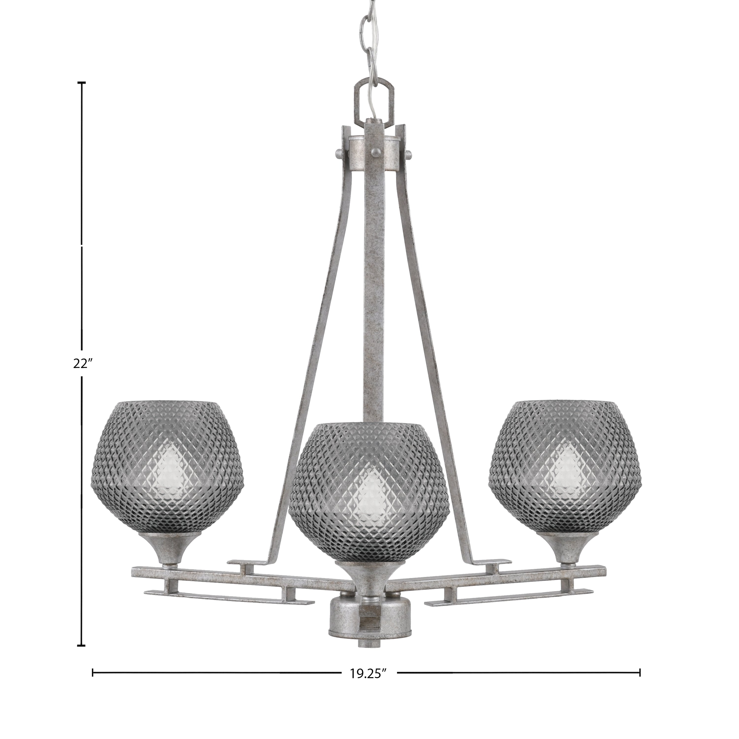 Uptowne Three Light Chandelier in Aged Silver with 6" Smoke Textured Shade