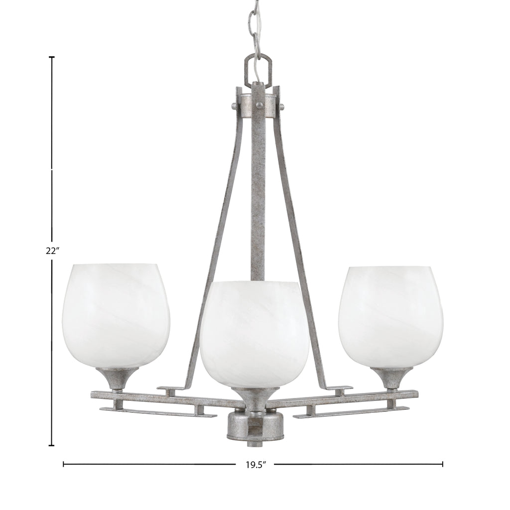 Uptowne Three Light Chandelier in Aged Silver with 6" White Marble Shade