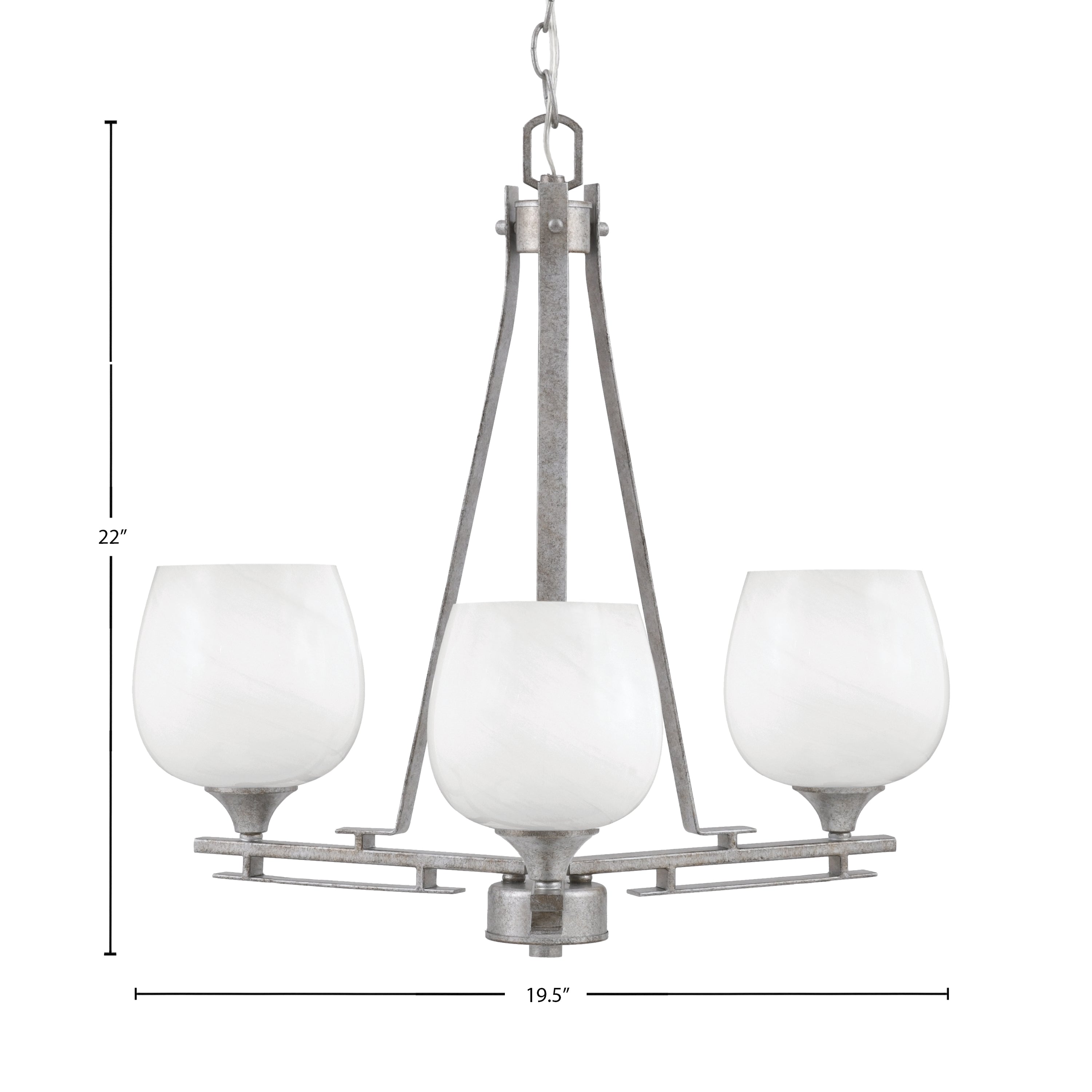 Uptowne Three Light Chandelier in Aged Silver with 6" White Marble Shade