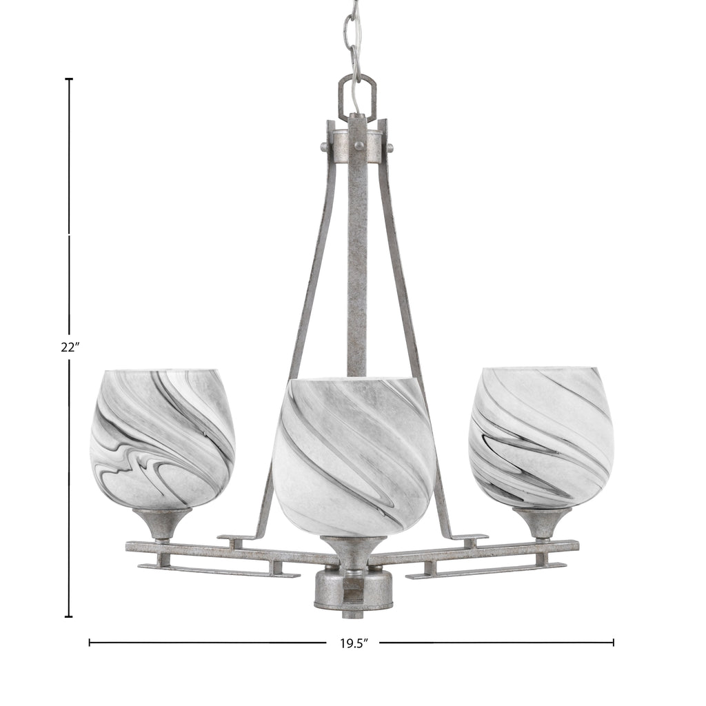 Uptowne Three Light Chandelier in Aged Silver with 6" Onyx Swirl Shade