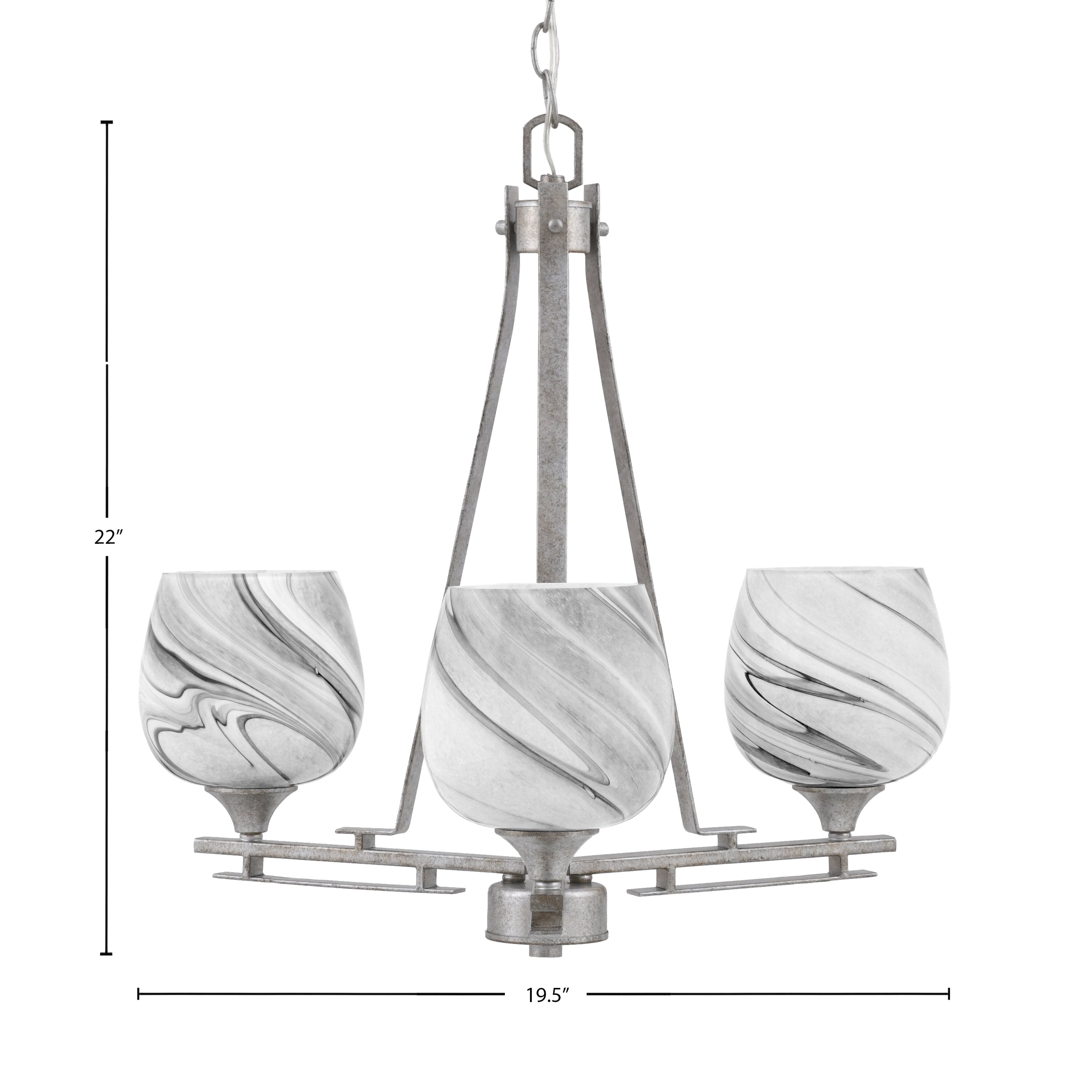 Uptowne Three Light Chandelier in Aged Silver with 6" Onyx Swirl Shade