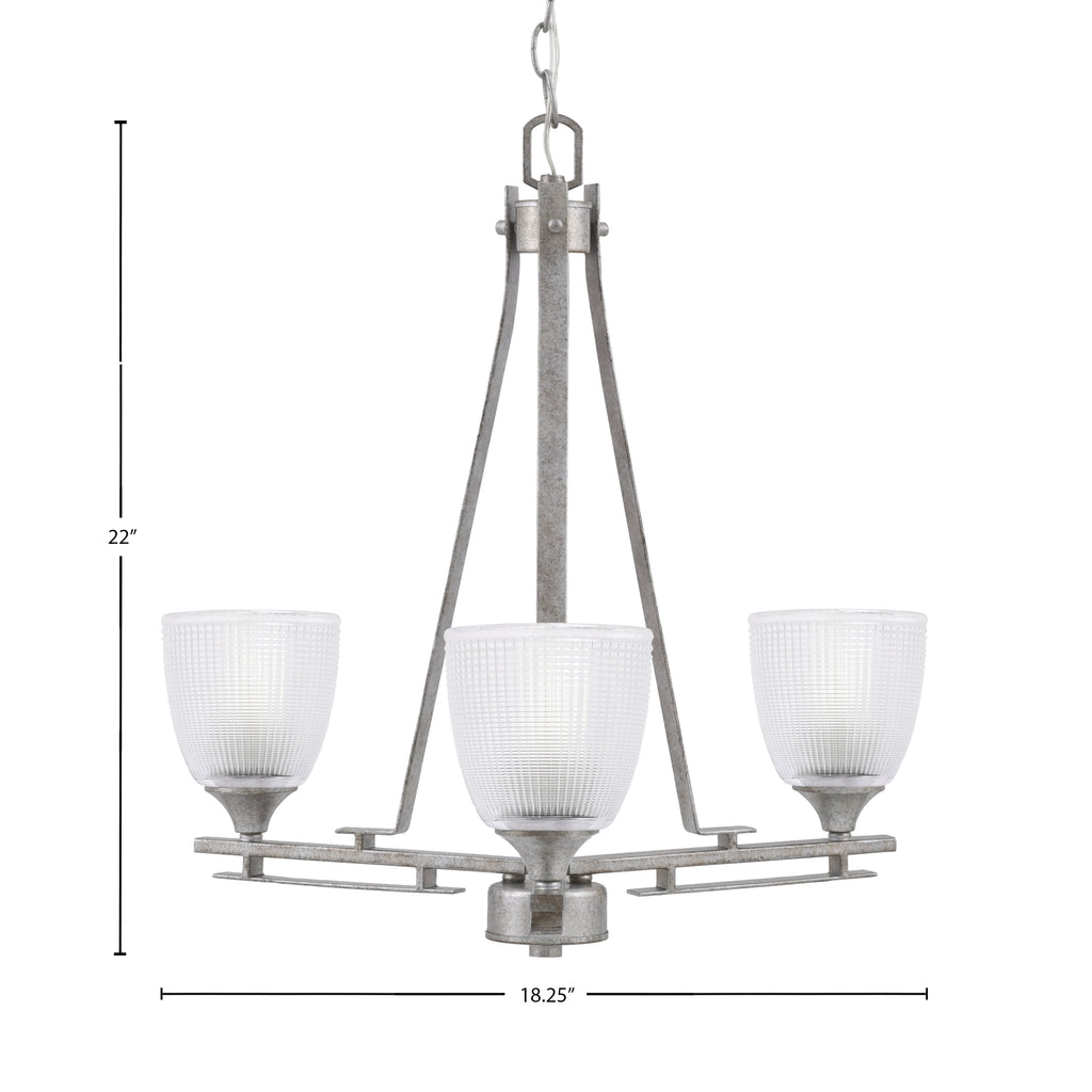Uptowne Three Light Chandelier in Aged Silver with 5" Clear Ribbed Shade