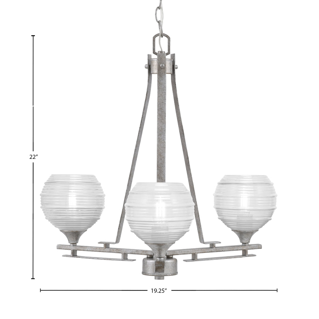 Uptowne Three Light Chandelier in Aged Silver with 6" Clear Ribbed Shade