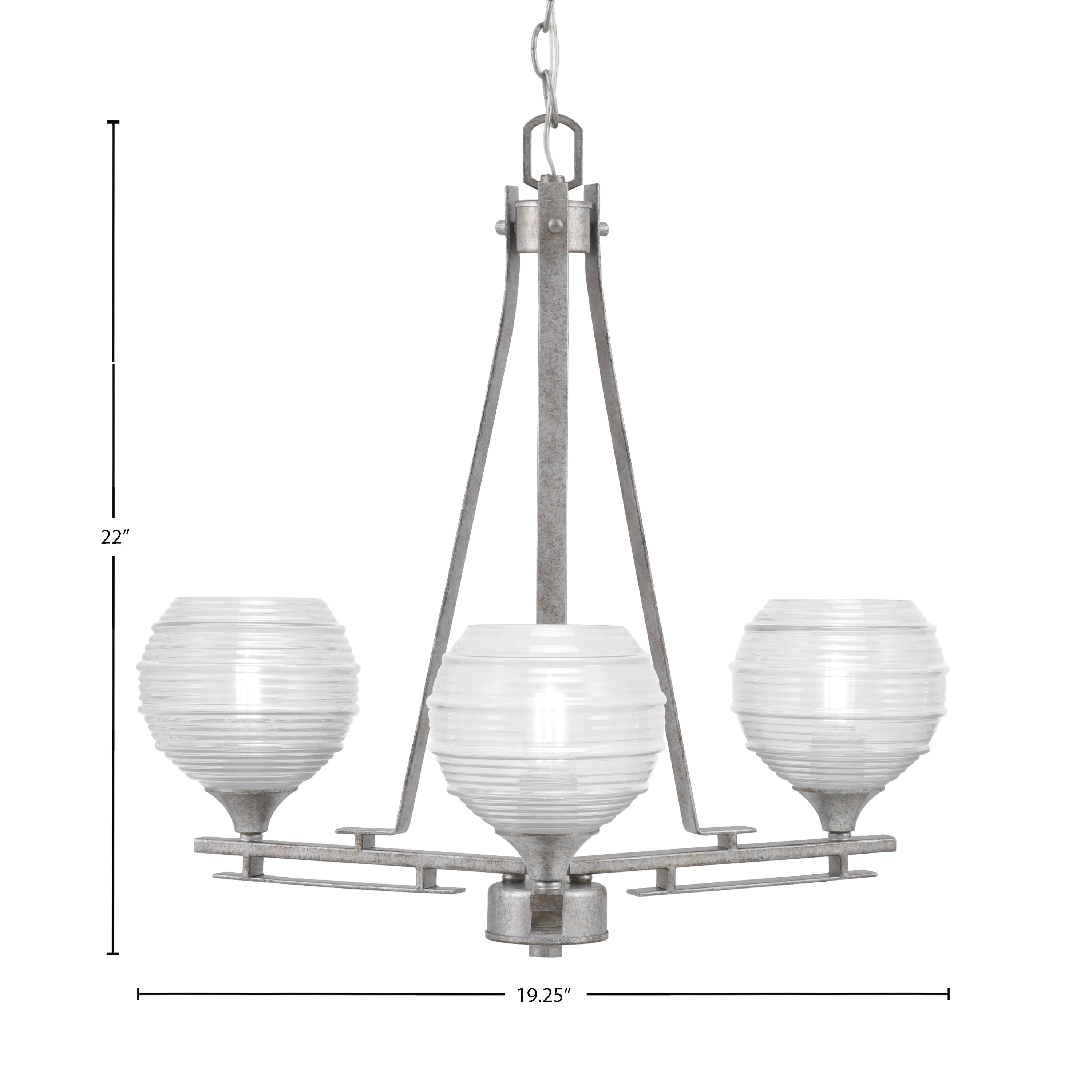 Uptowne Three Light Chandelier in Aged Silver with 6" Clear Ribbed Shade
