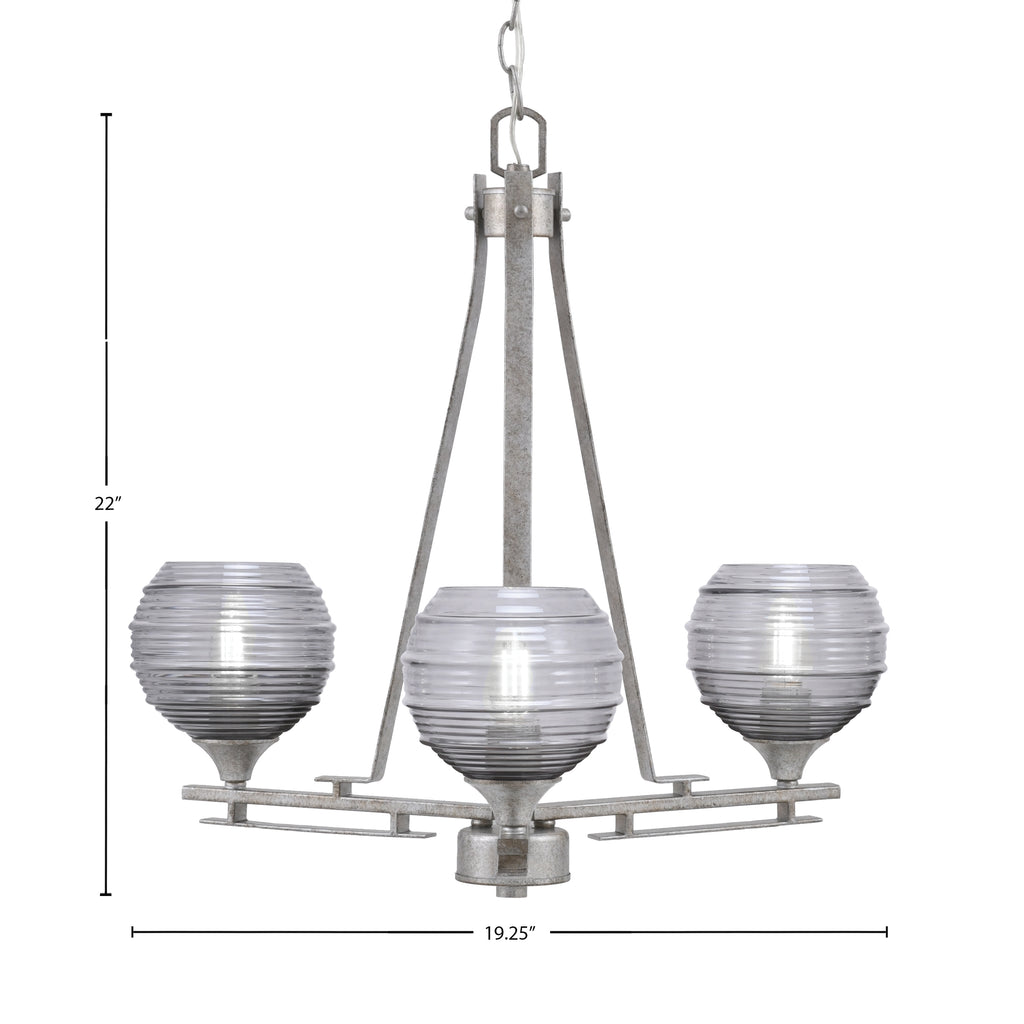 Uptowne Three Light Chandelier in Aged Silver with 6" Smoke Ribbed Shade