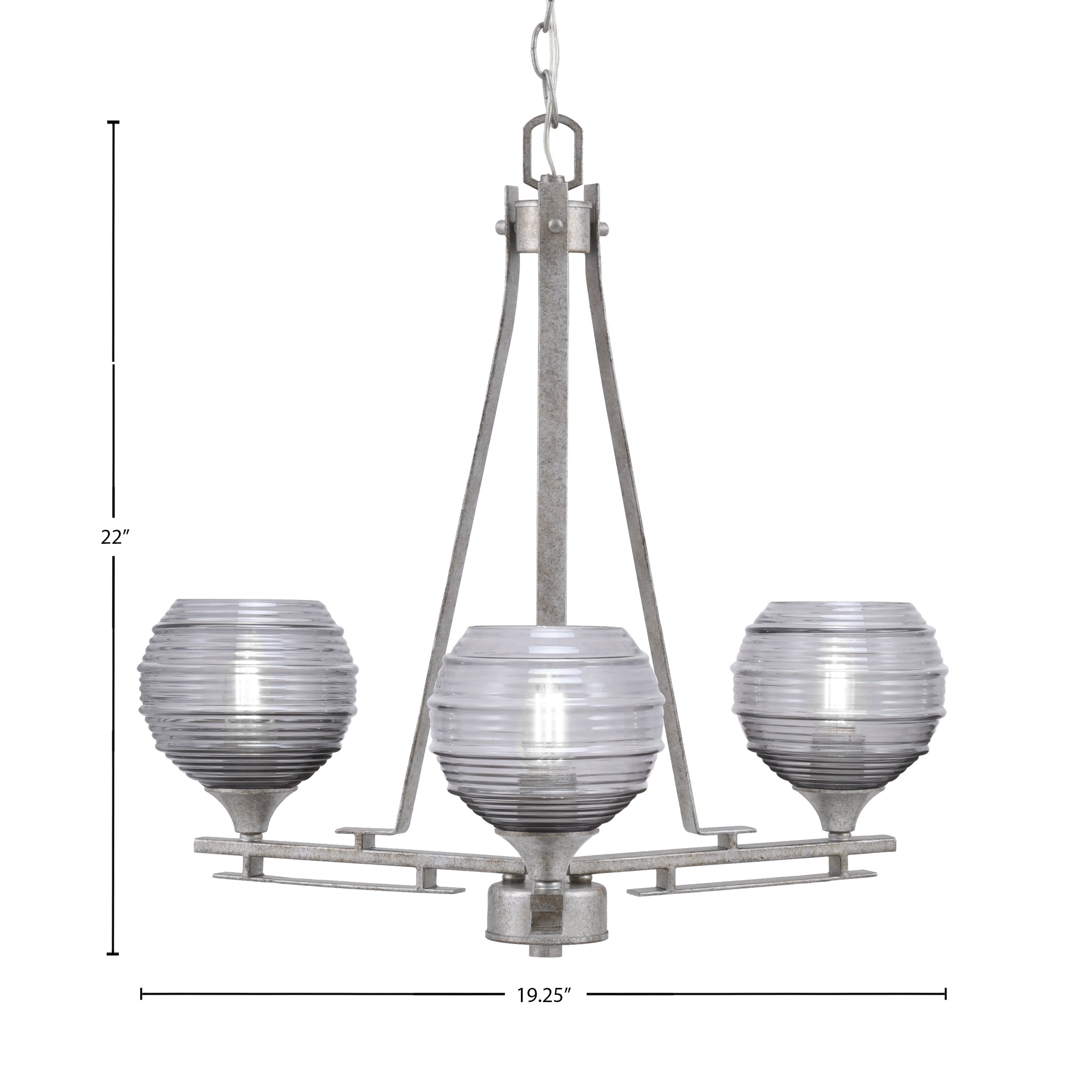 Uptowne Three Light Chandelier in Aged Silver with 6" Smoke Ribbed Shade