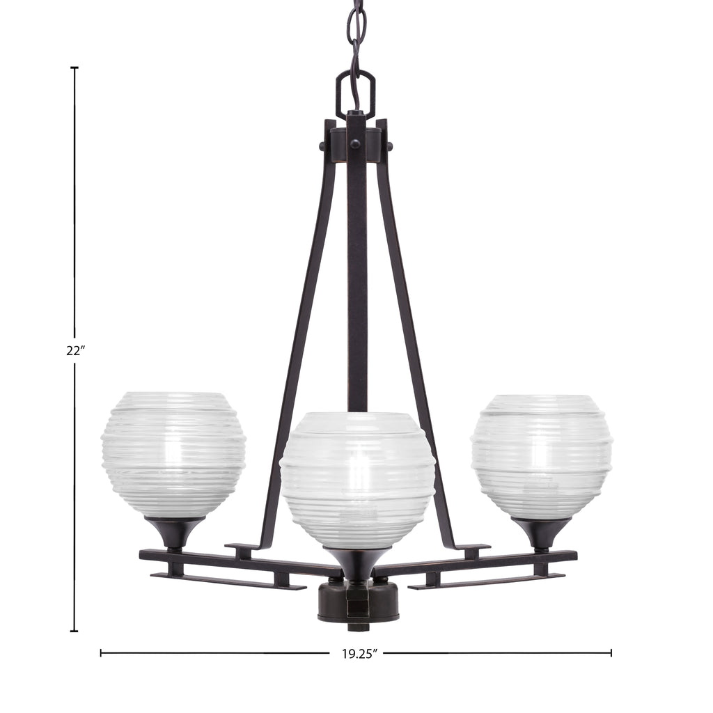 Uptowne Three Light Chandelier in Dark Granite with 6" Clear Ribbed Shade