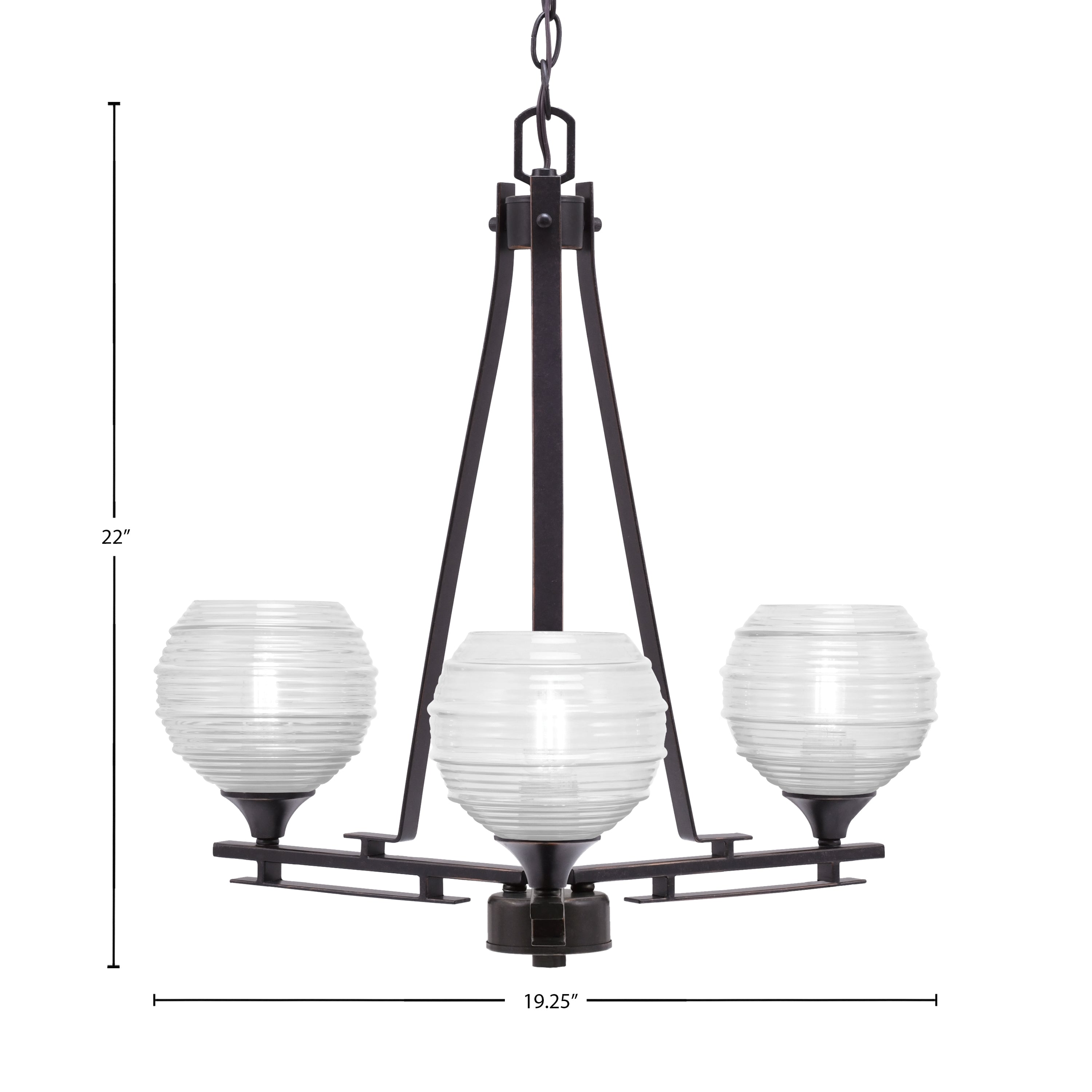 Uptowne Three Light Chandelier in Dark Granite with 6" Clear Ribbed Shade