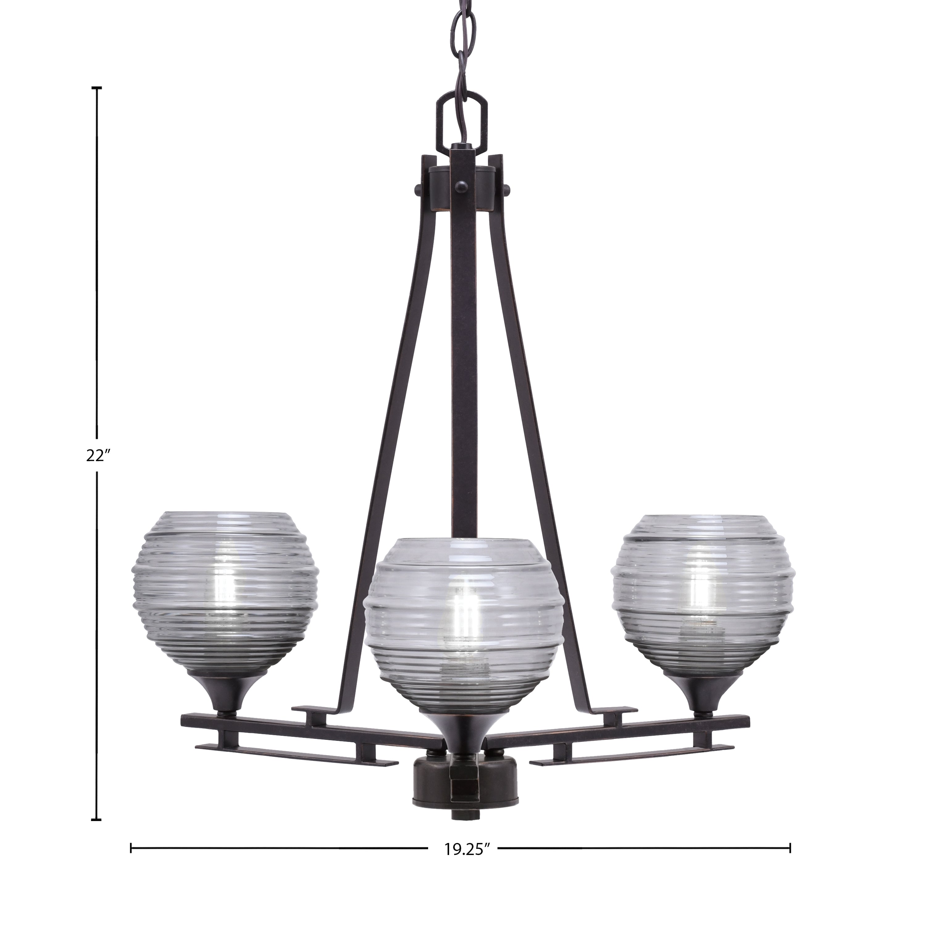 Uptowne Three Light Chandelier in Dark Granite with 6" Smoke Ribbed Shade