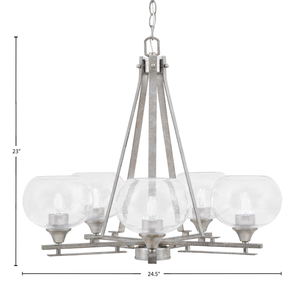 Uptowne Five Light Chandelier in Aged Silver with 7" Clear Bubble Shade