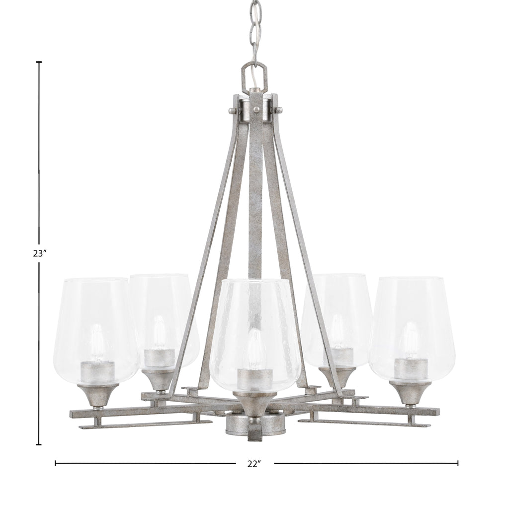 Uptowne Five Light Chandelier in Aged Silver with 5" Clear Bubble Shade
