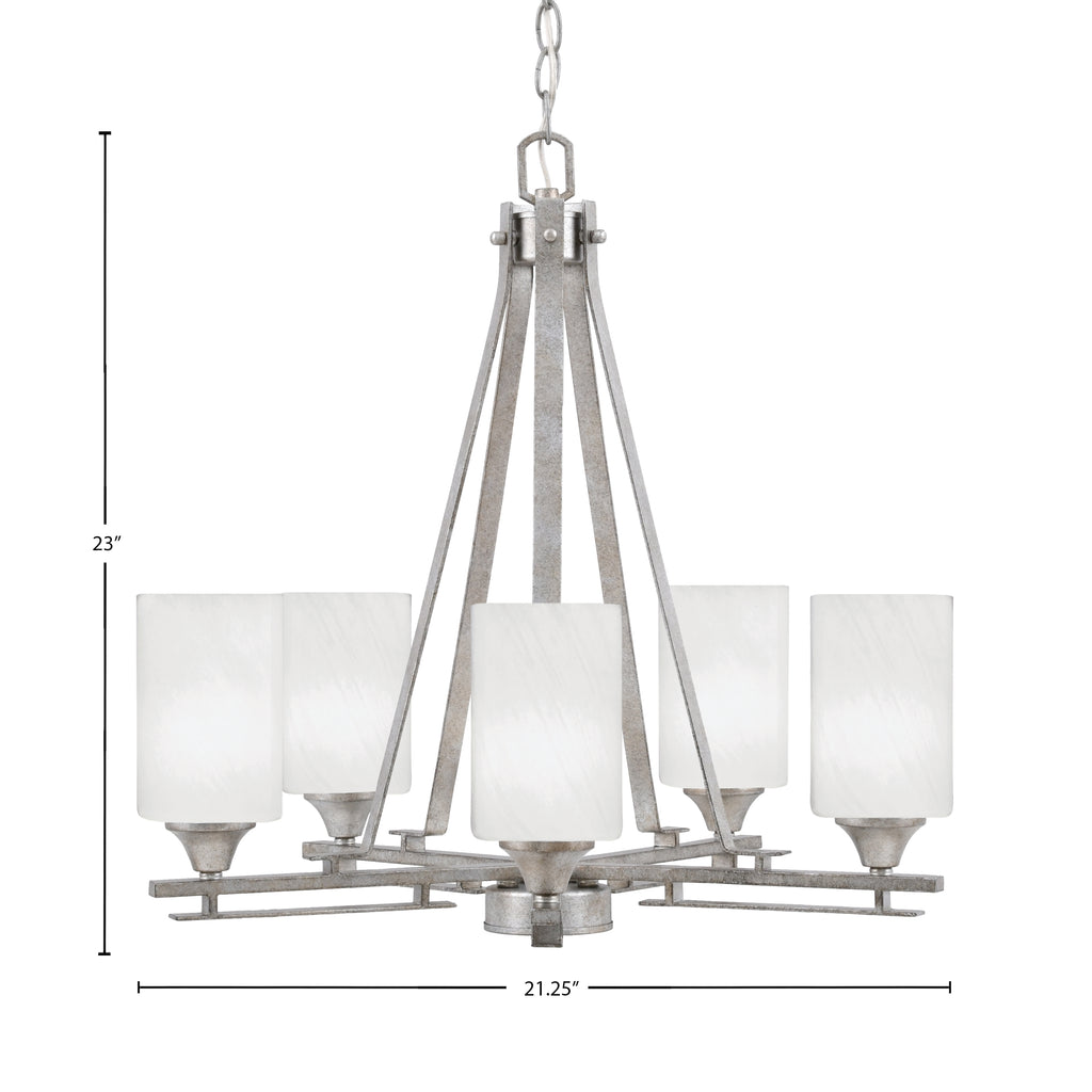 Uptowne Five Light Chandelier in Aged Silver with 4" White Marble Shade