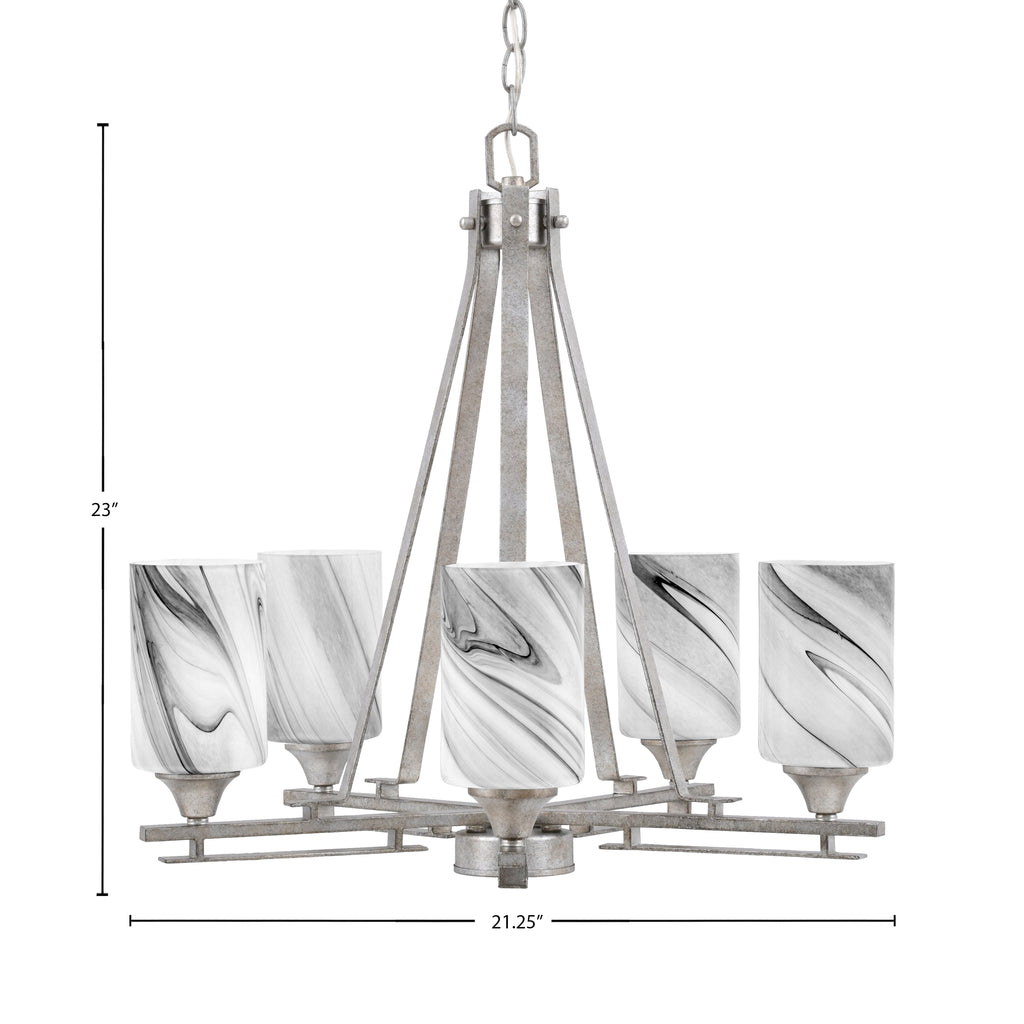 Uptowne Five Light Chandelier in Aged Silver with 4" Onyx Swirl Shade