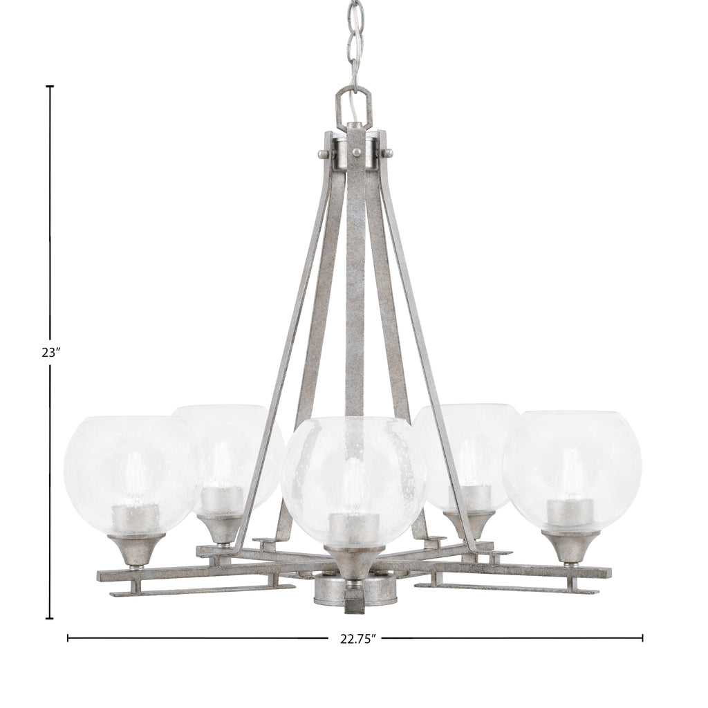 Uptowne Five Light Chandelier in Aged Silver with 5.75" Clear Bubble Shade