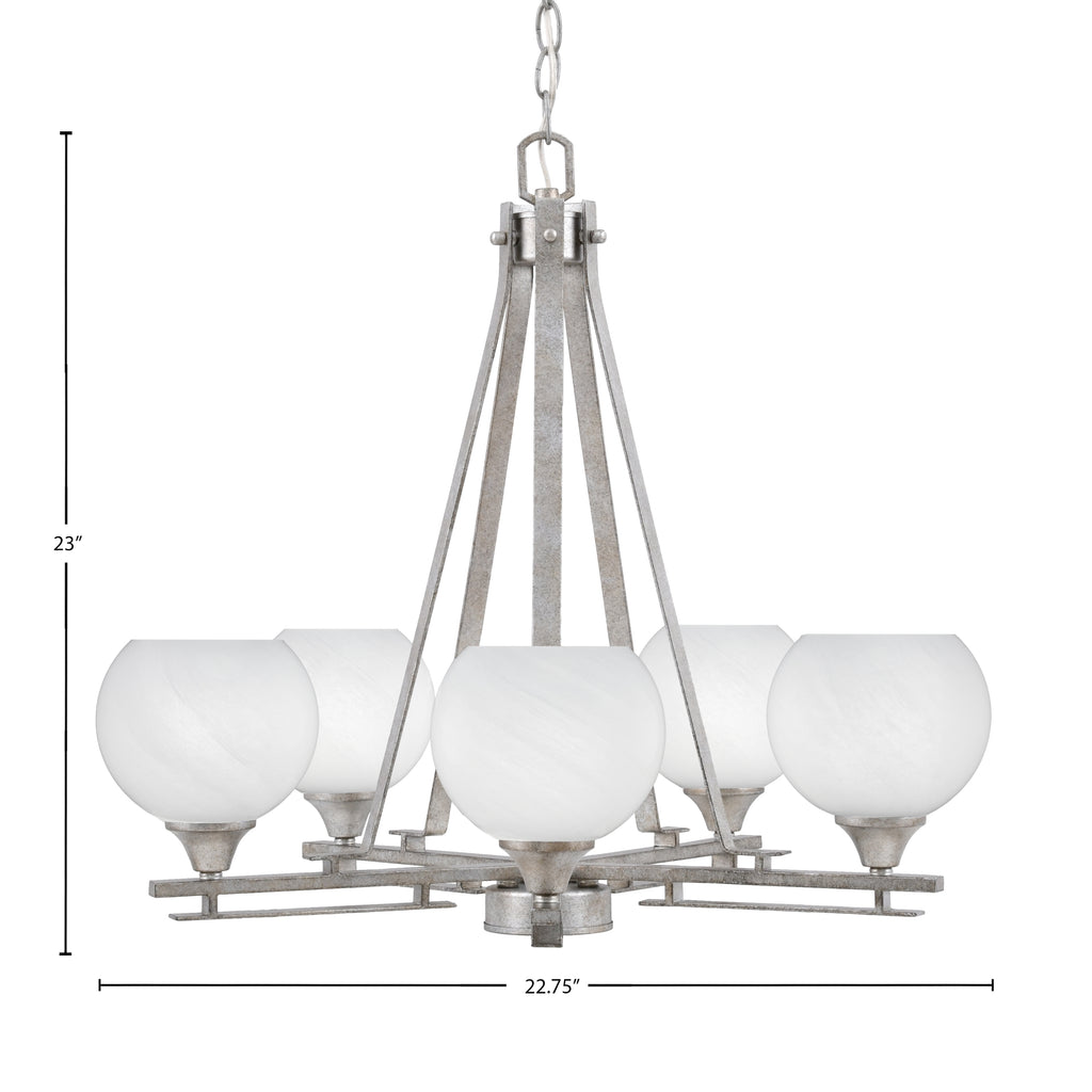 Uptowne Five Light Chandelier in Aged Silver with 5.75" White Marble Shade