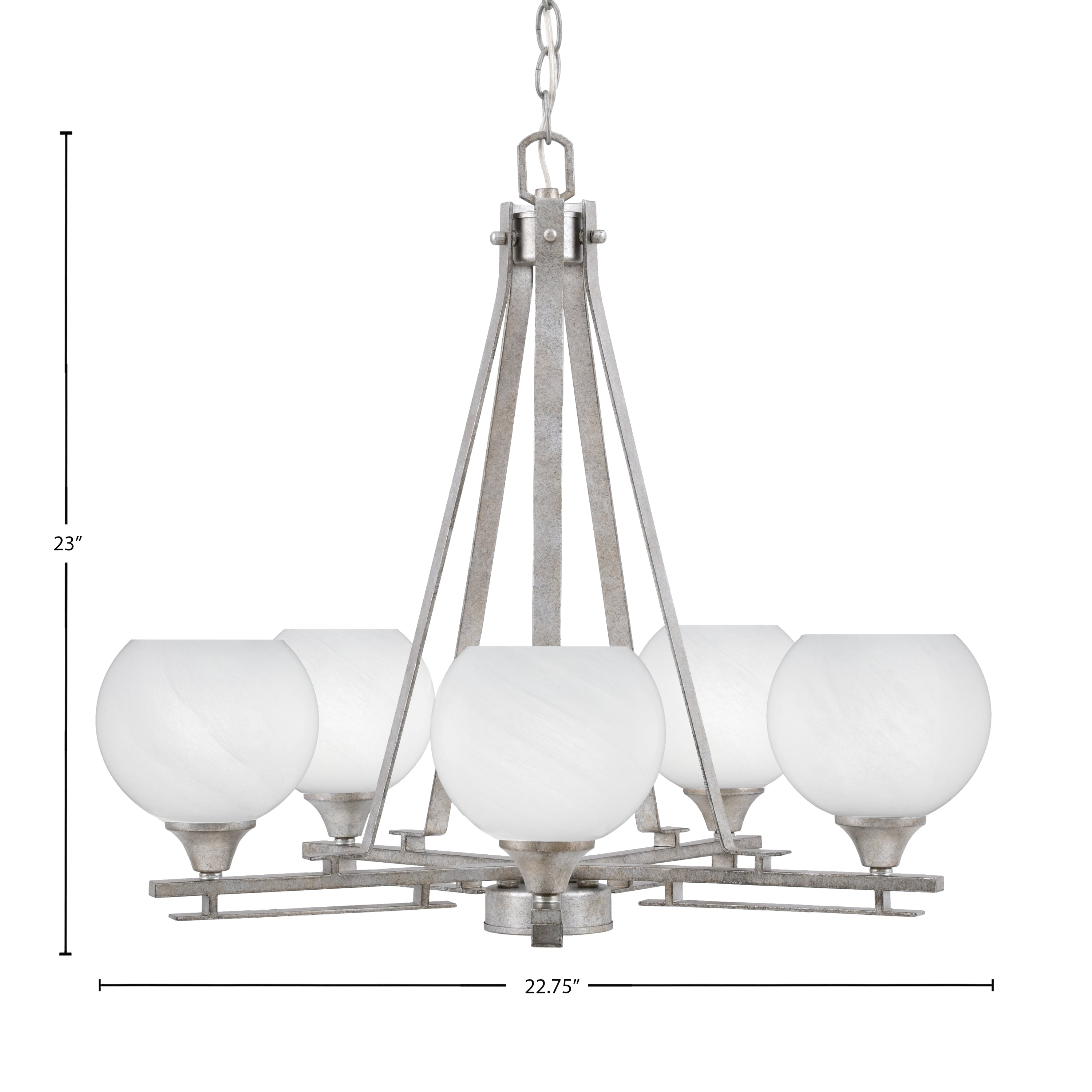 Uptowne Five Light Chandelier in Aged Silver with 5.75" White Marble Shade