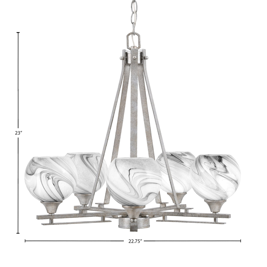 Uptowne Five Light Chandelier in Aged Silver with 5.75" Onyx Swirl Shade