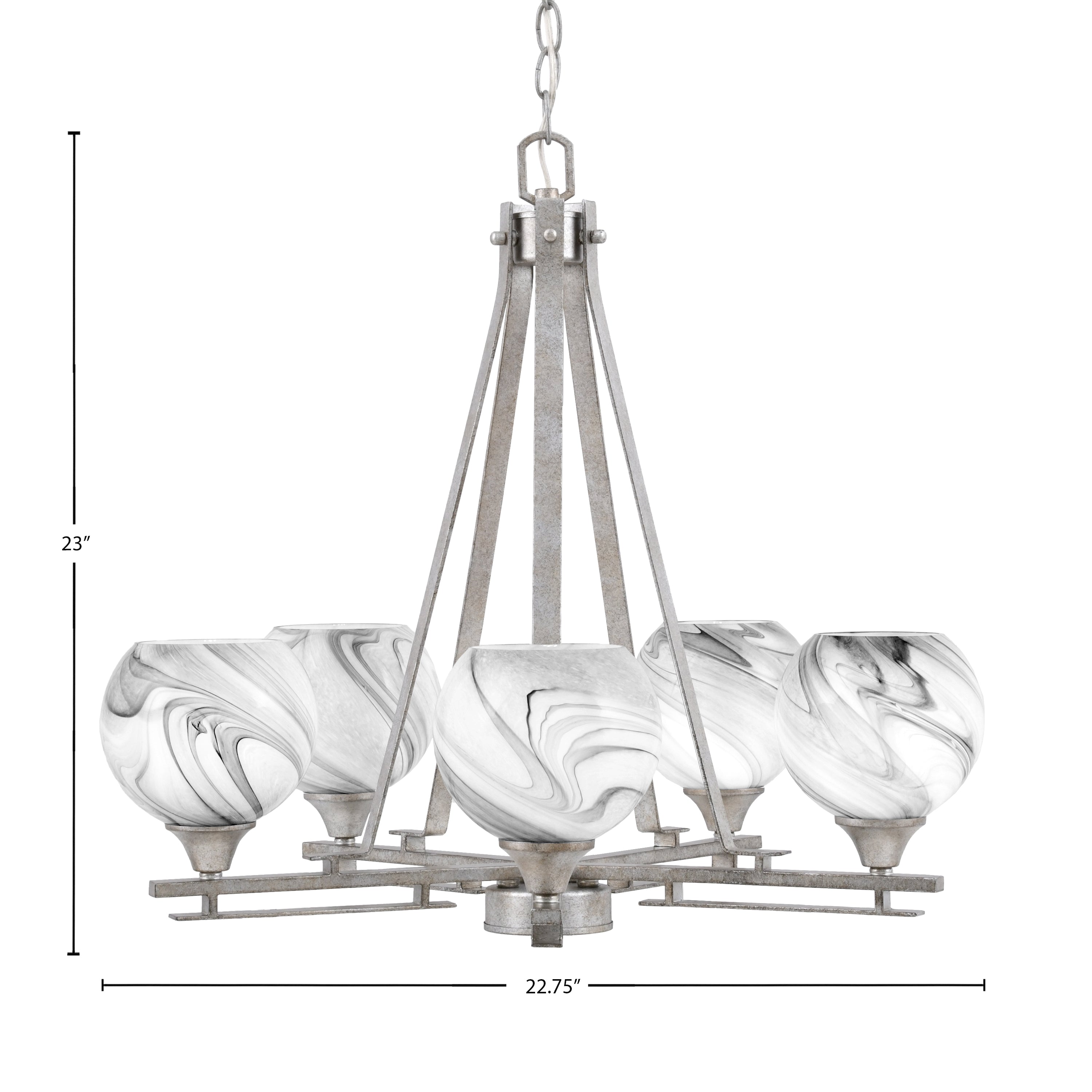 Uptowne Five Light Chandelier in Aged Silver with 5.75" Onyx Swirl Shade