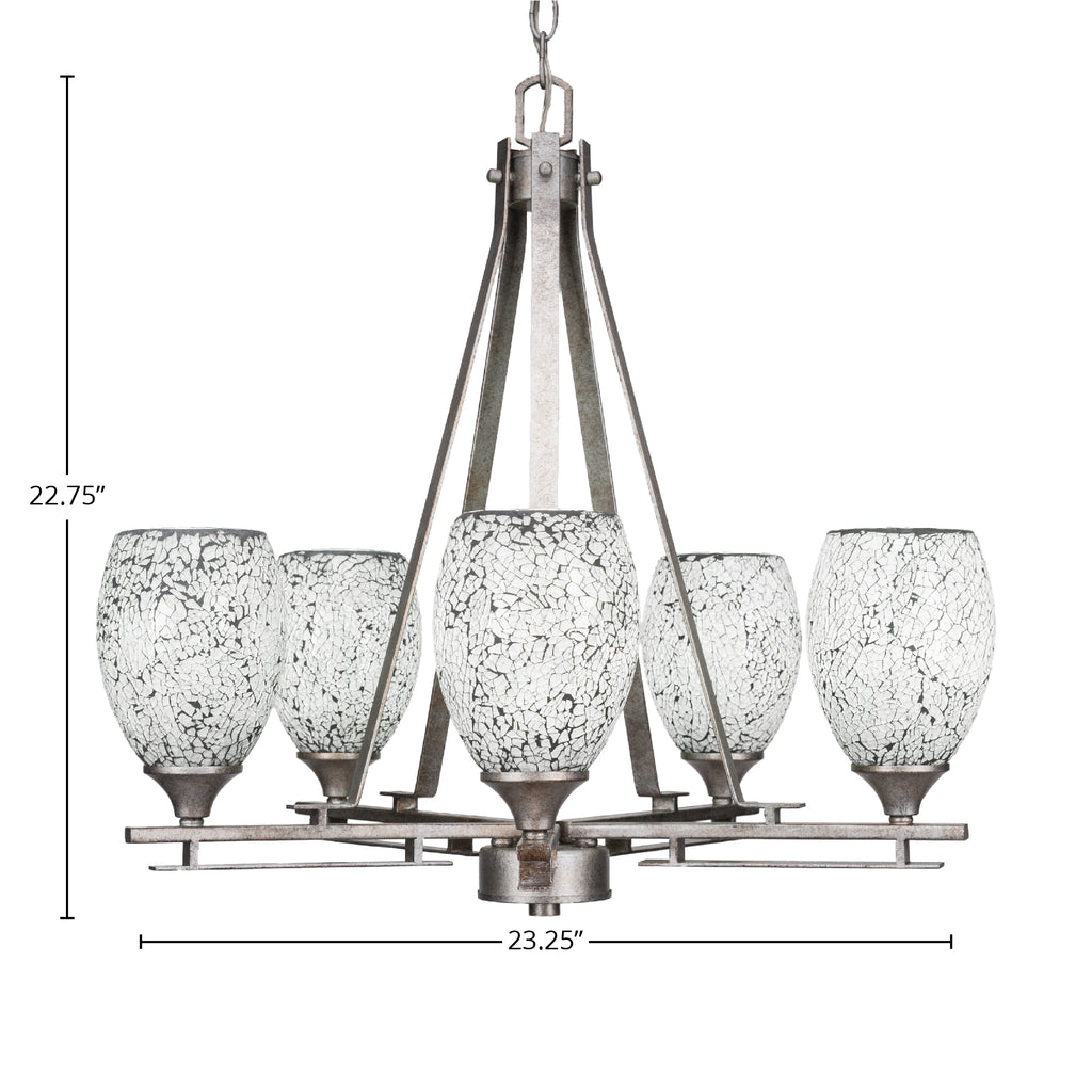 Uptowne Five Light Chandelier in Aged Silver with 5" Black Fusion Shade