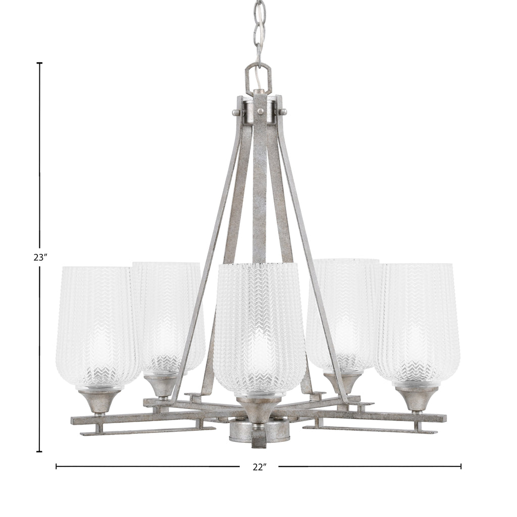 Uptowne Five Light Chandelier in Aged Silver with 5" Clear Textured Shade
