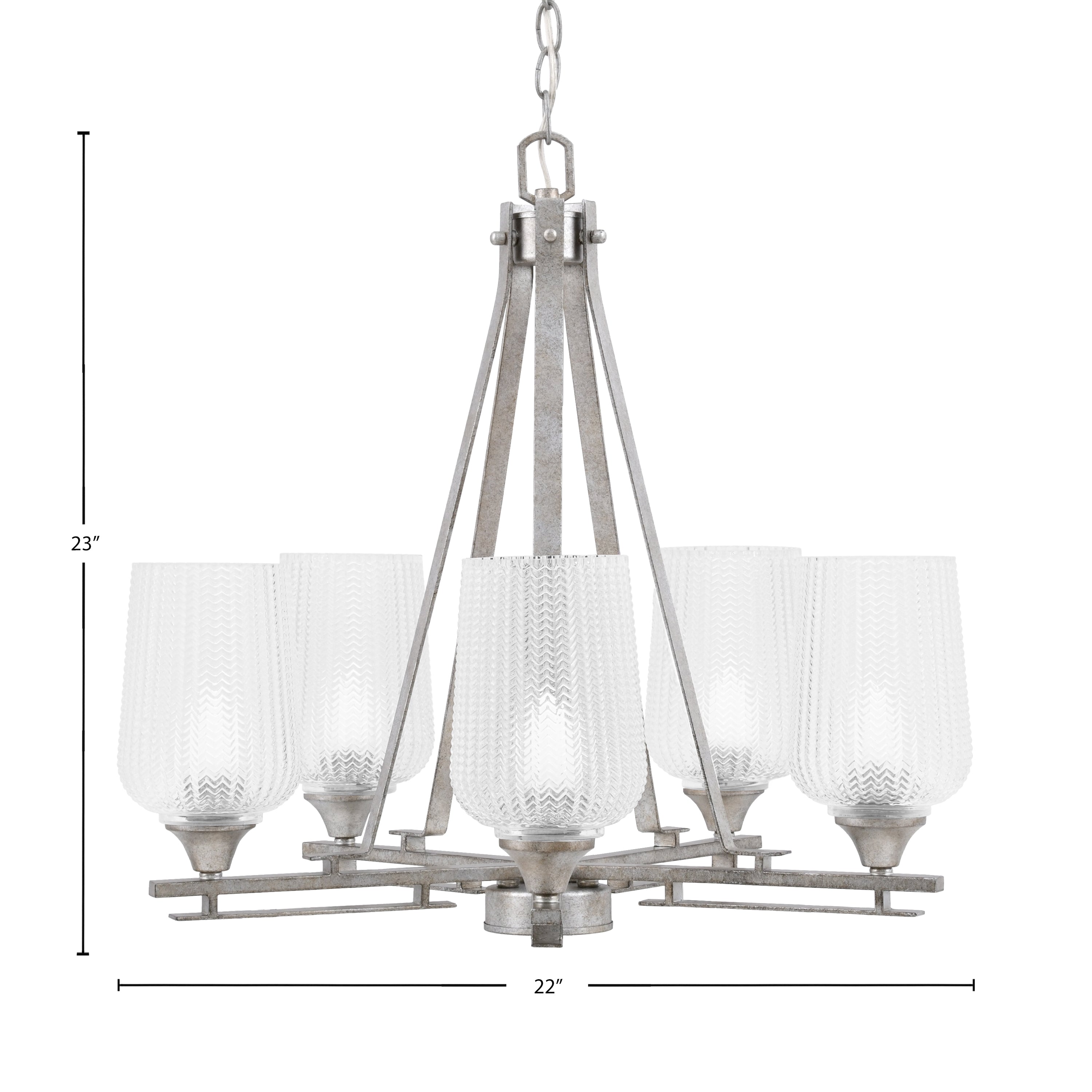 Uptowne Five Light Chandelier in Aged Silver with 5" Clear Textured Shade