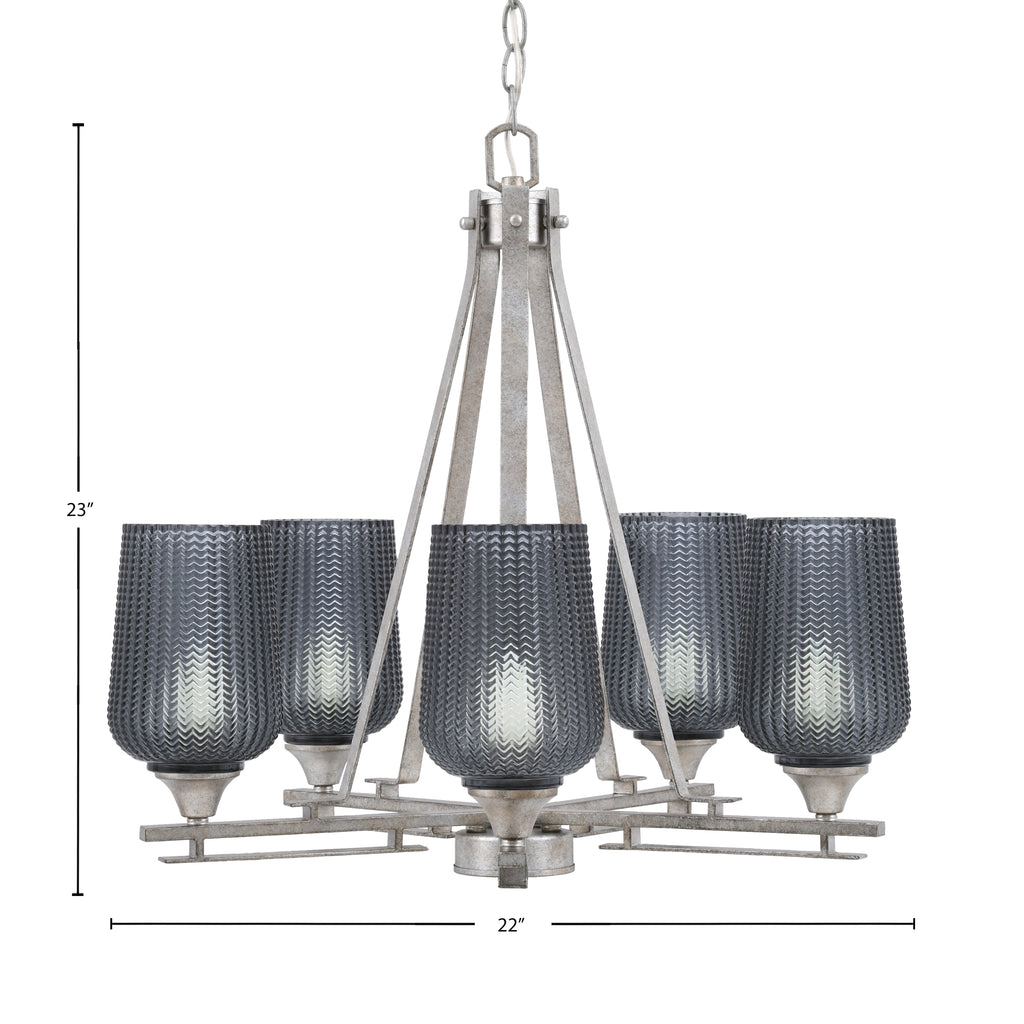 Uptowne Five Light Chandelier in Aged Silver with 5" Smoke Textured Shade