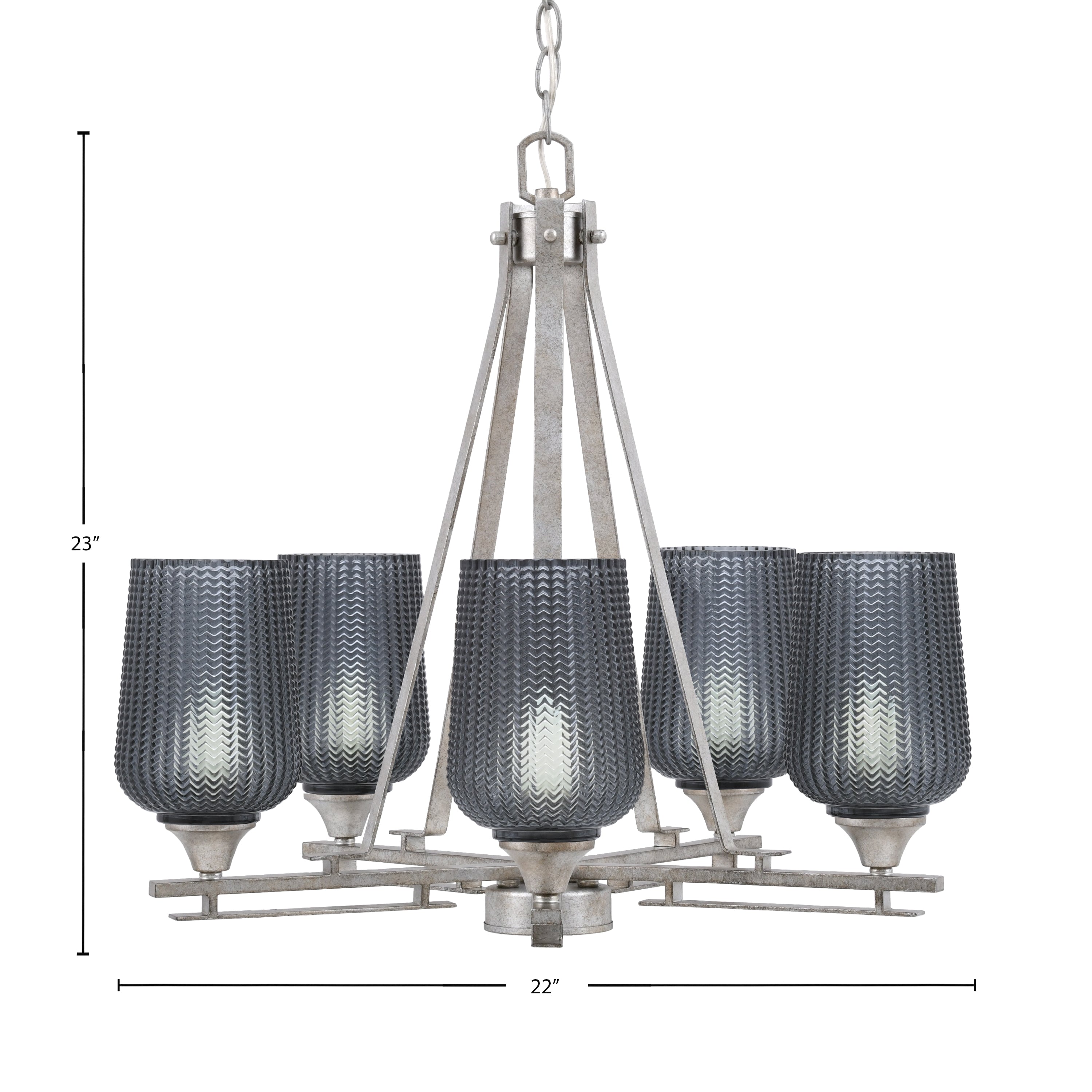 Uptowne Five Light Chandelier in Aged Silver with 5" Smoke Textured Shade