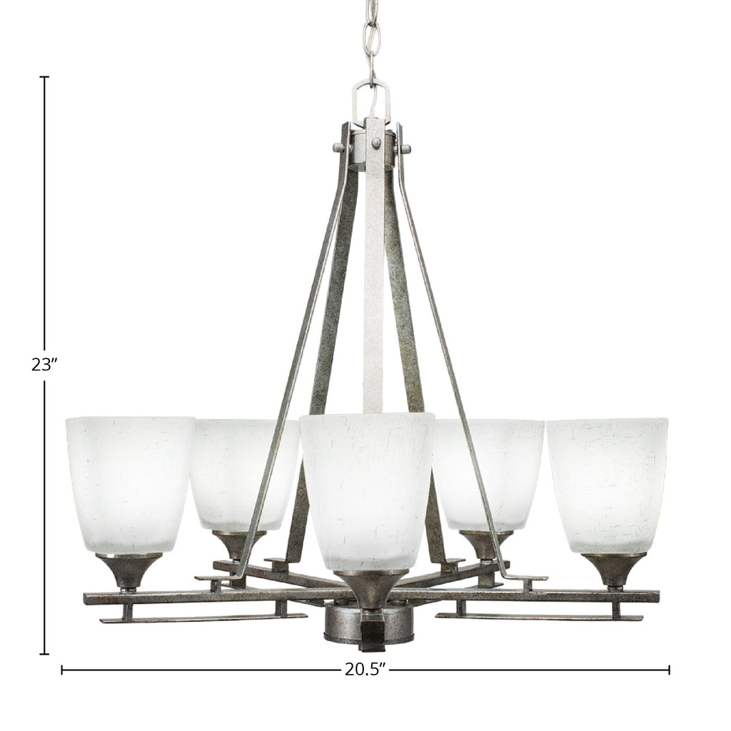 Uptowne Five Light Chandelier in Aged Silver with 4.5" Square White Muslin Shade