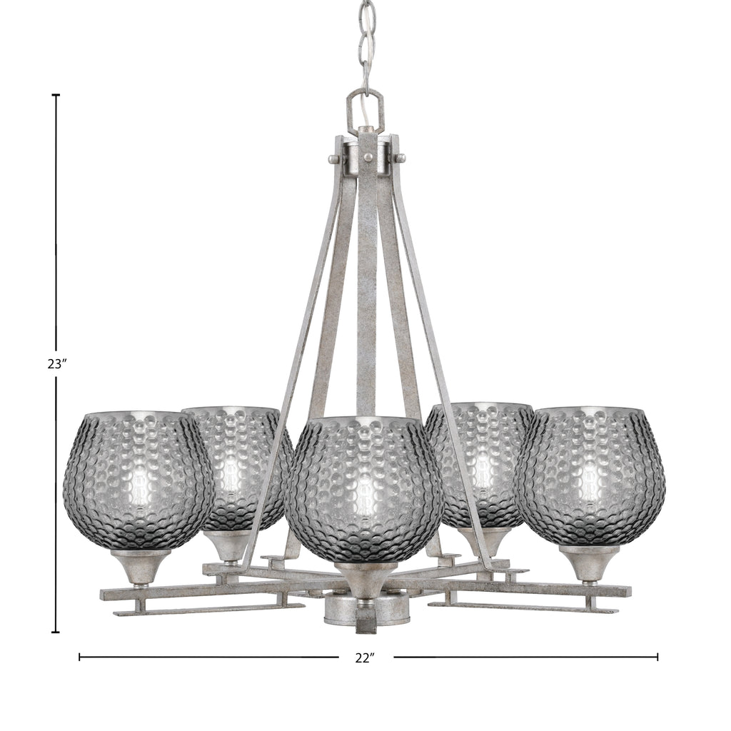 Uptowne Five Light Chandelier in Aged Silver with 6" Smoke Textured Shade