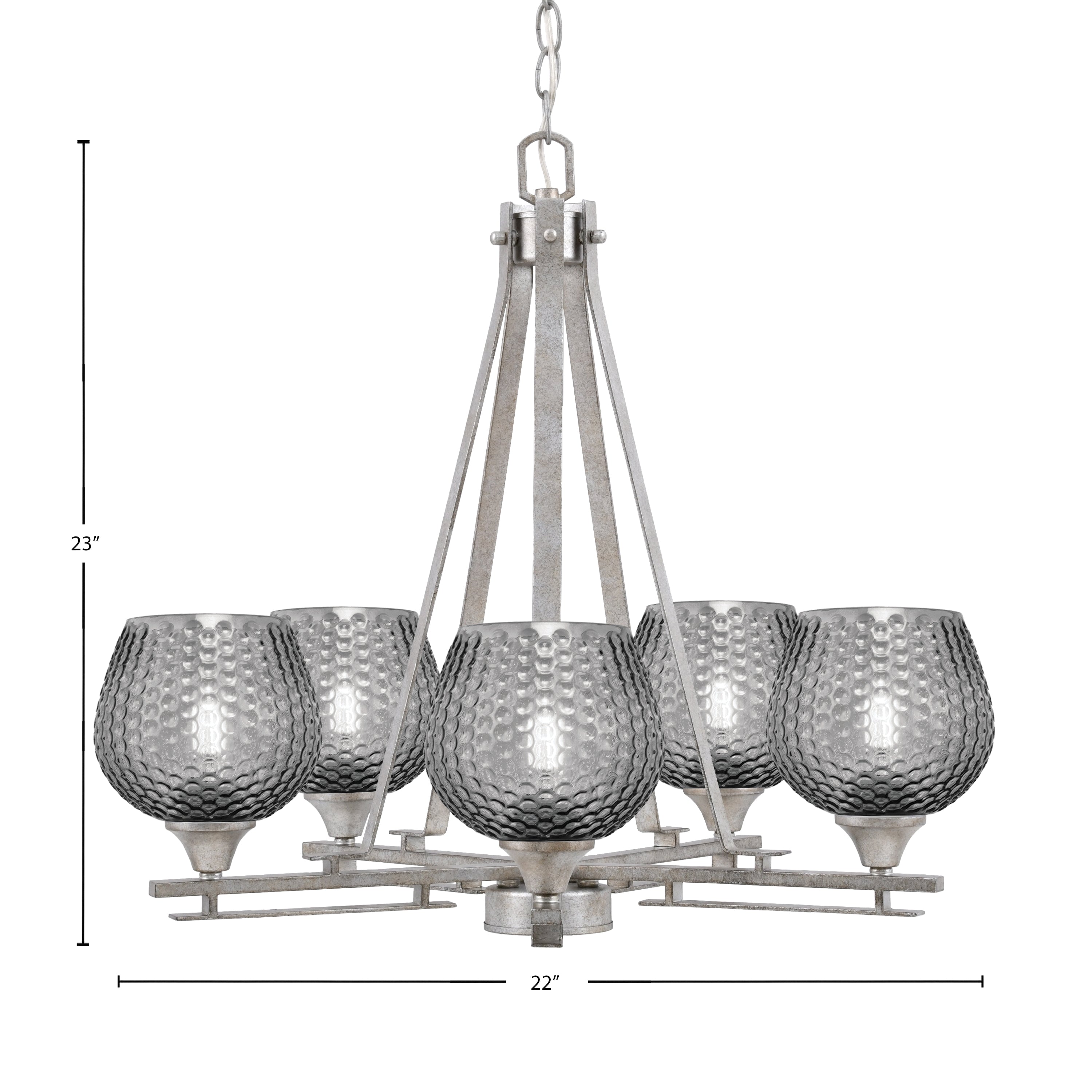 Uptowne Five Light Chandelier in Aged Silver with 6" Smoke Textured Shade
