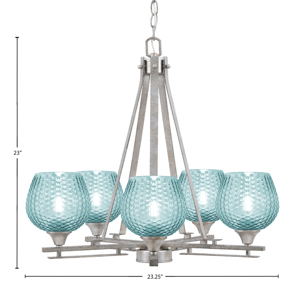Uptowne Five Light Chandelier in Aged Silver with 6" Turquoise Textured Shade