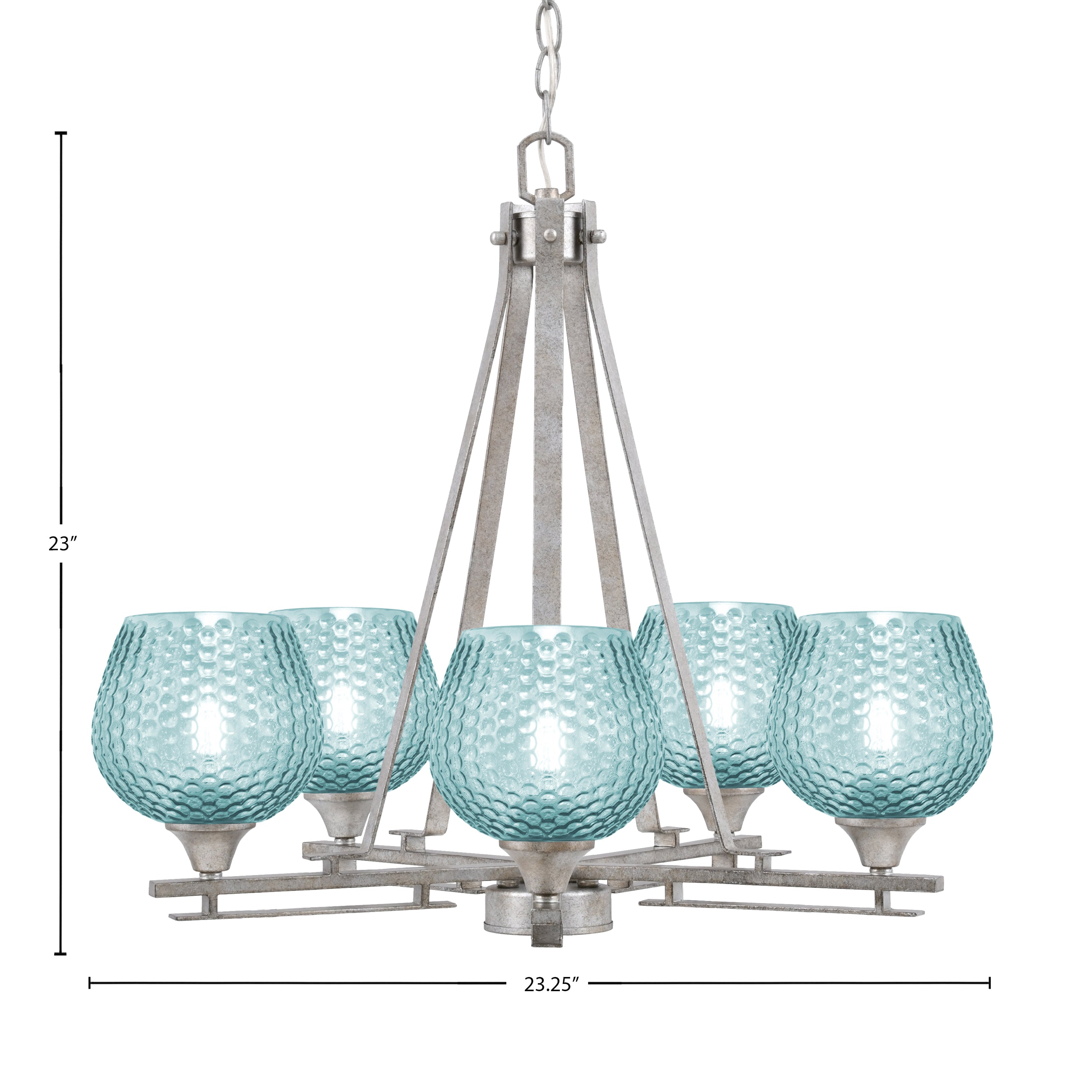Uptowne Five Light Chandelier in Aged Silver with 6" Turquoise Textured Shade