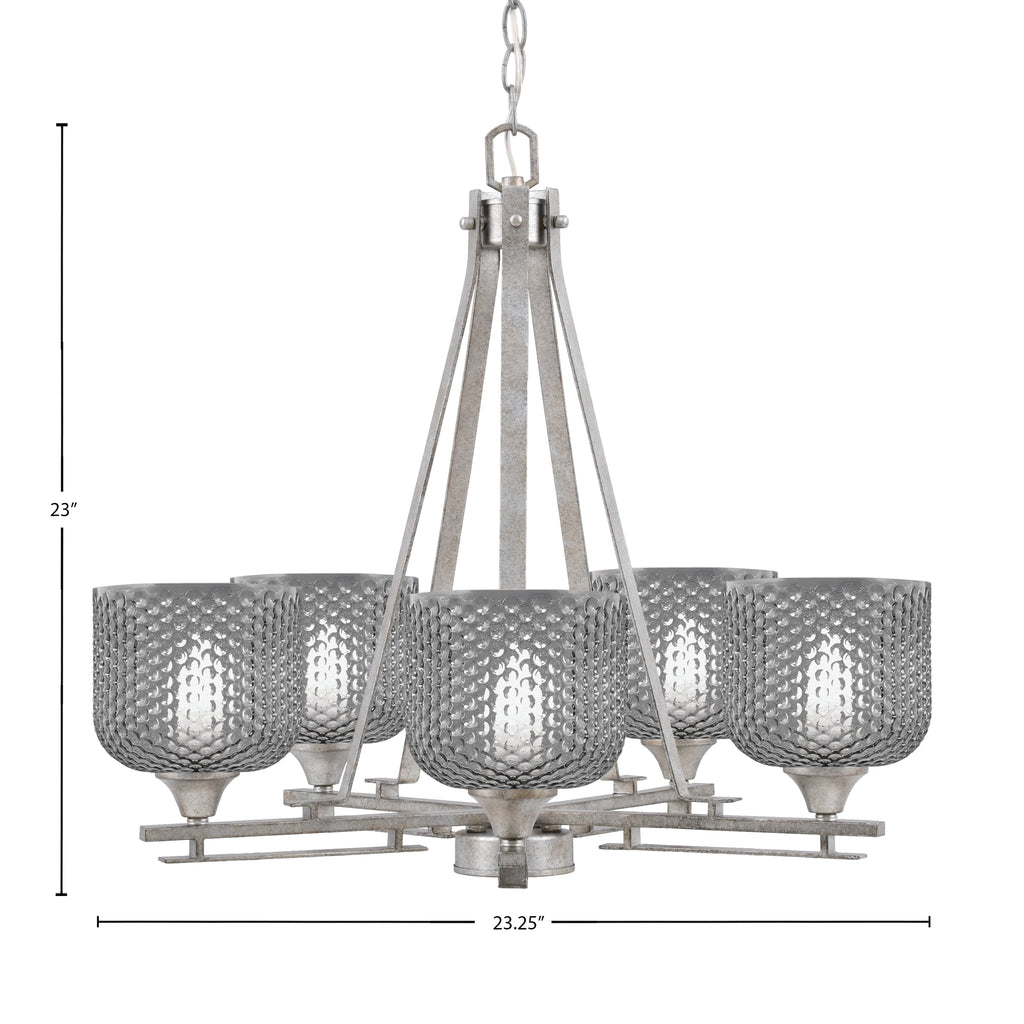 Uptowne Five Light Chandelier in Aged Silver with 6" Smoke Textured Shade