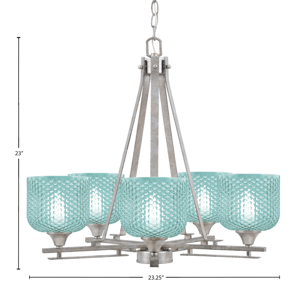 Uptowne Five Light Chandelier in Aged Silver with 6" Turquoise Textured Shade