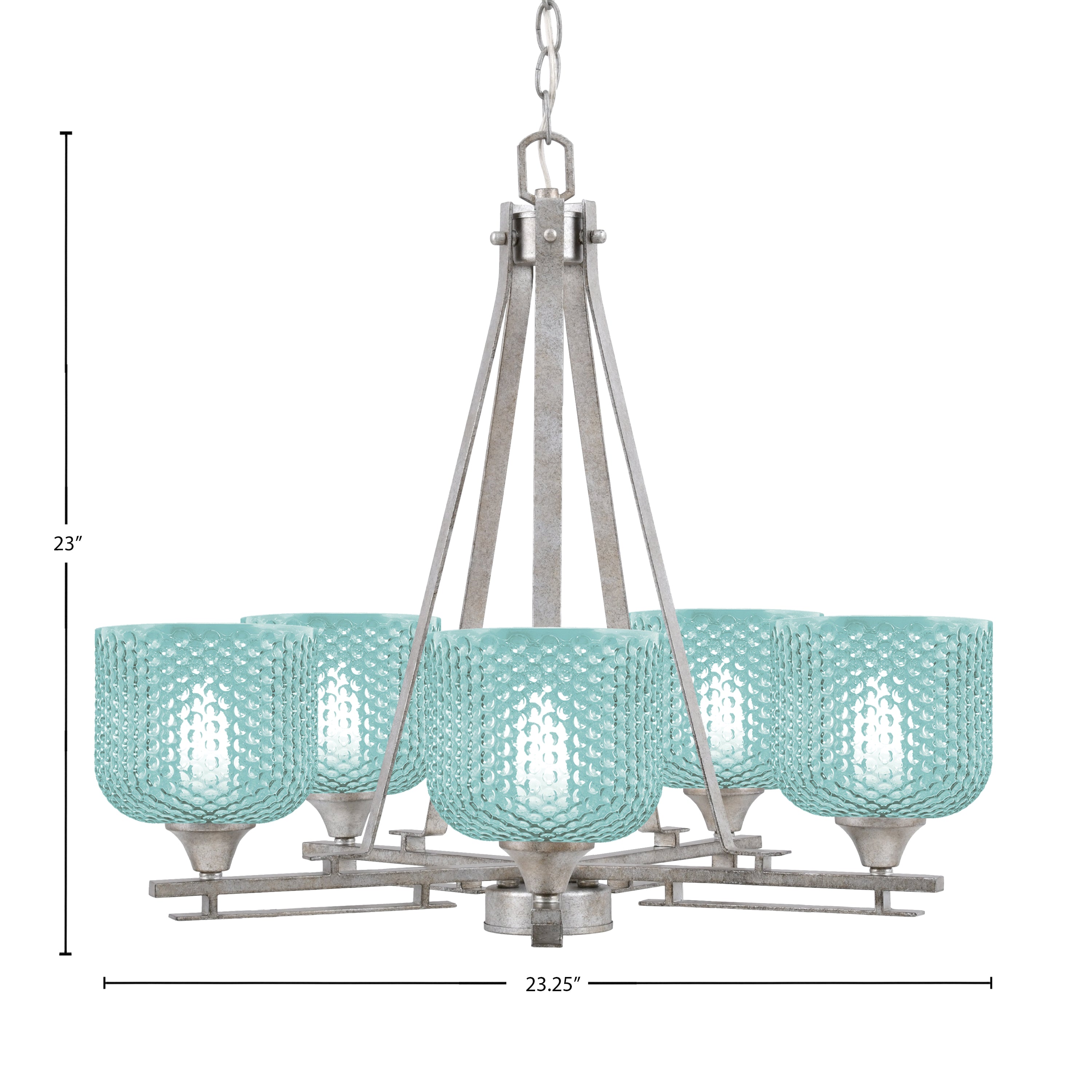 Uptowne Five Light Chandelier in Aged Silver with 6" Turquoise Textured Shade