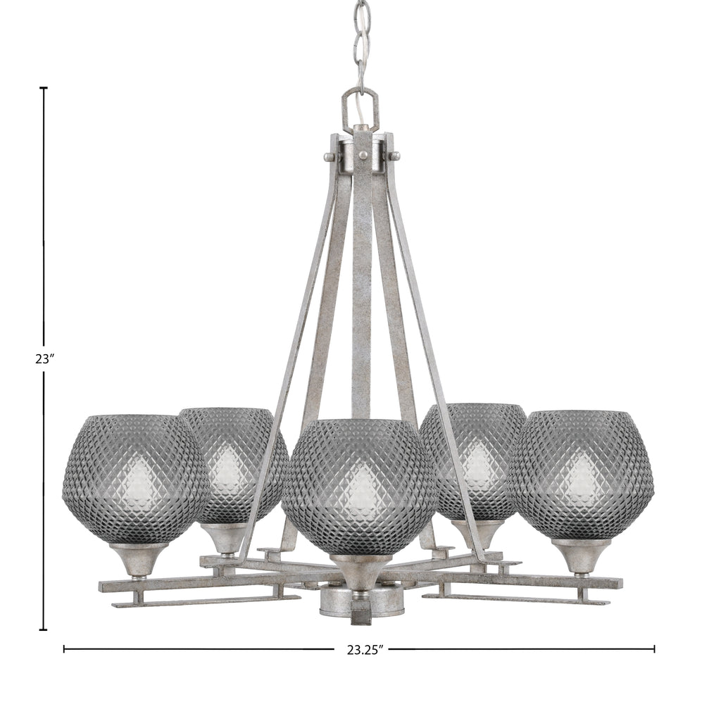 Uptowne Five Light Chandelier in Aged Silver with 6" Smoke Textured Shade