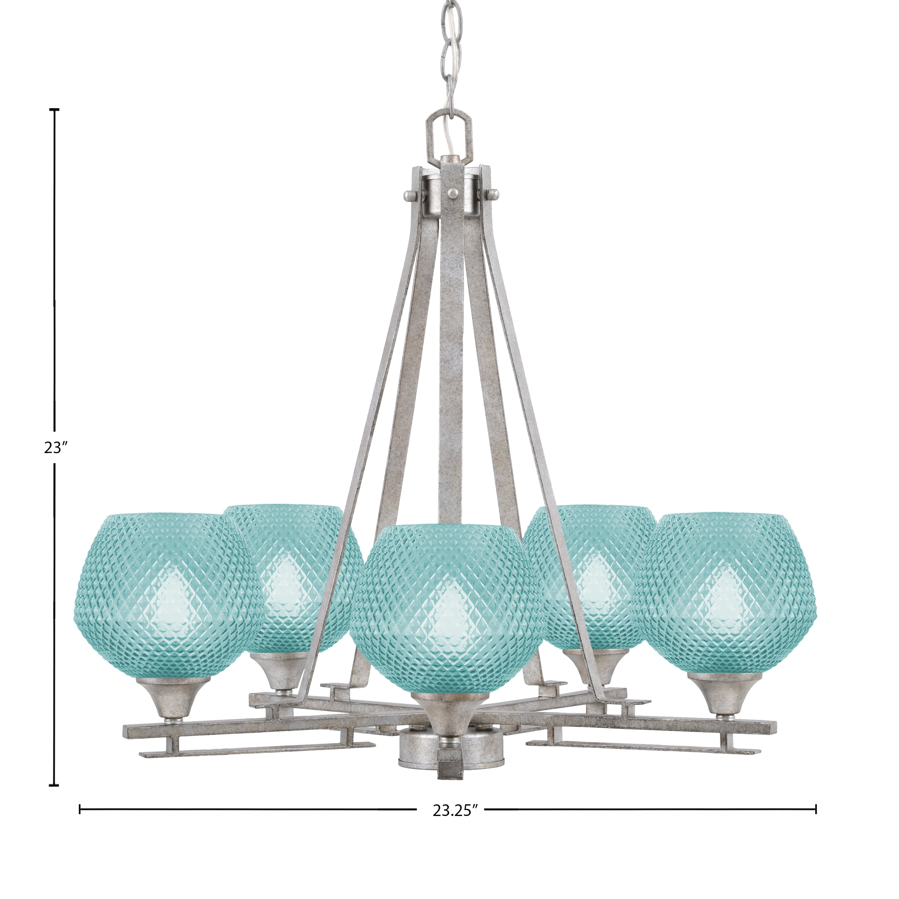 Uptowne Five Light Chandelier in Aged Silver with 6" Turquoise Textured Shade