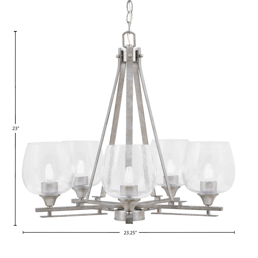 Uptowne Five Light Chandelier in Aged Silver with 6" Clear Bubble Shade