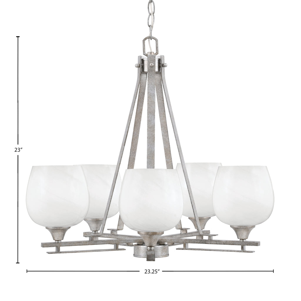 Uptowne Five Light Chandelier in Aged Silver with 6" White Marble Shade