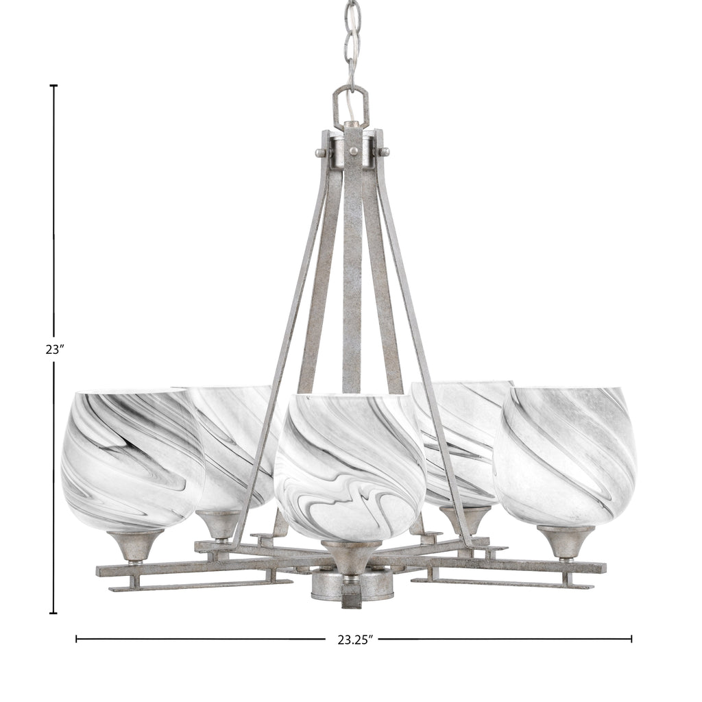 Uptowne Five Light Chandelier in Aged Silver with 6" Onyx Swirl Shade