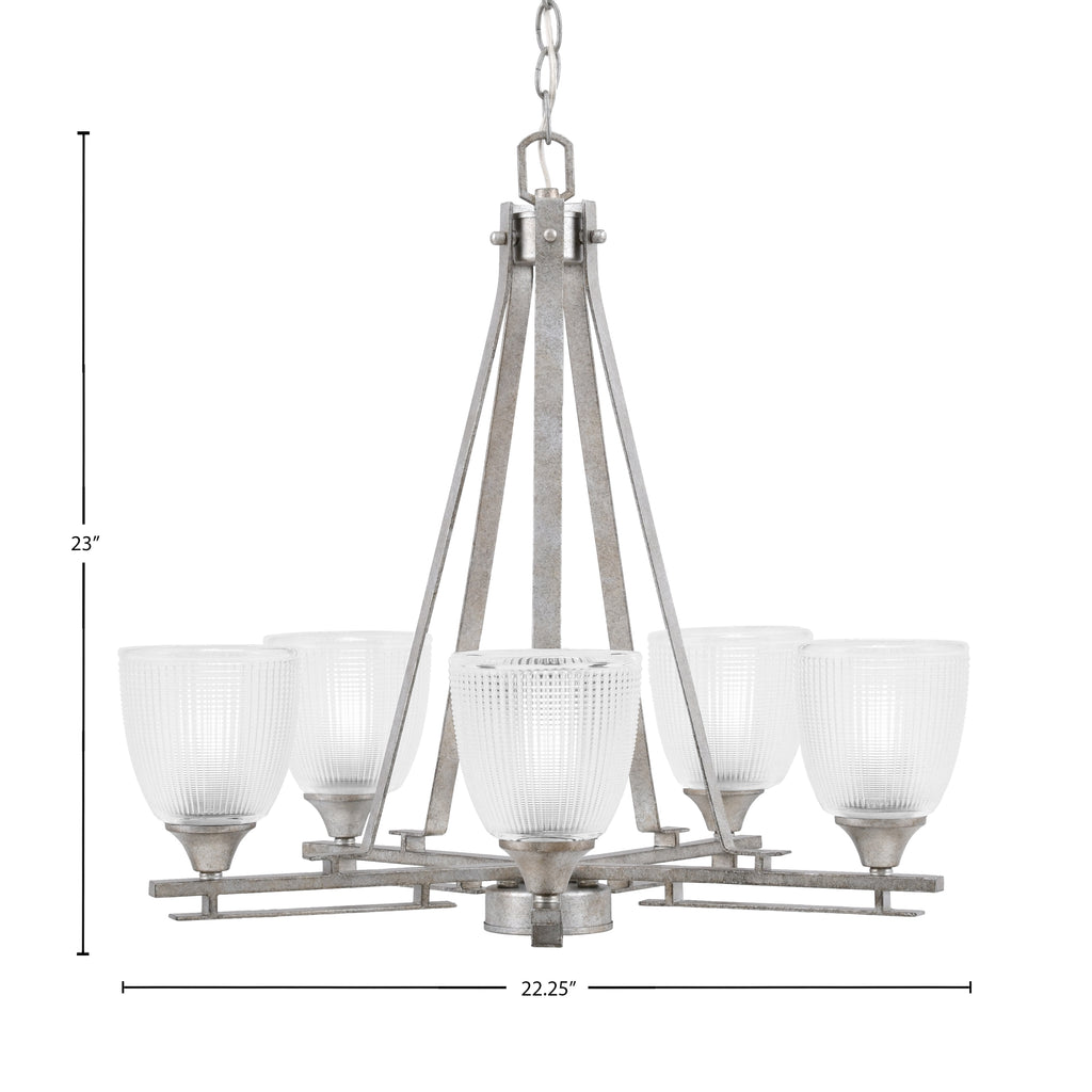 Uptowne Five Light Chandelier in Aged Silver with 5" Clear Ribbed Shade