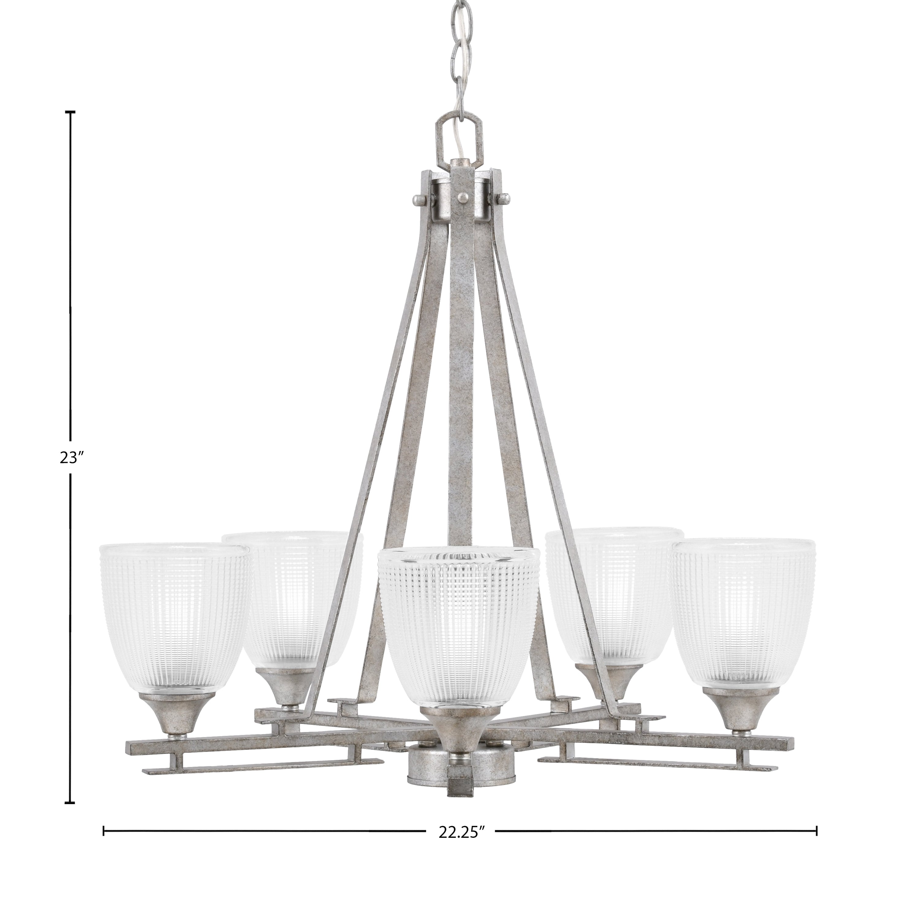 Uptowne Five Light Chandelier in Aged Silver with 5" Clear Ribbed Shade
